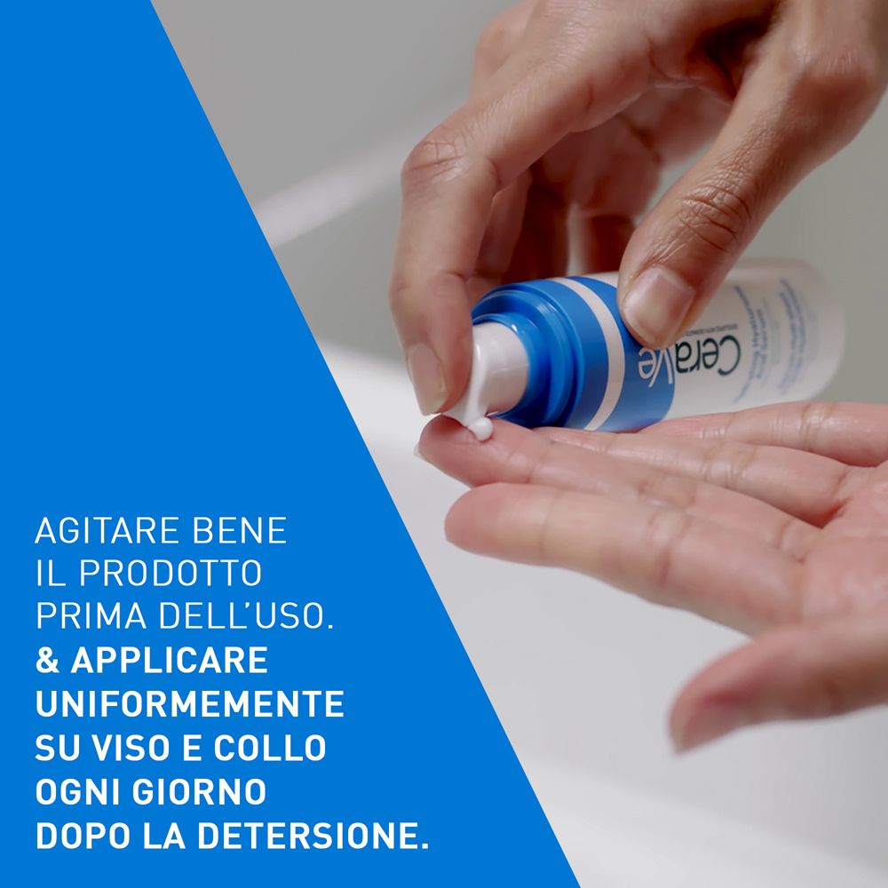 Mani che usano il siero. Testo in italiano: Agitare bene prima dell'uso e applicare quotidianamente su viso e collo.
