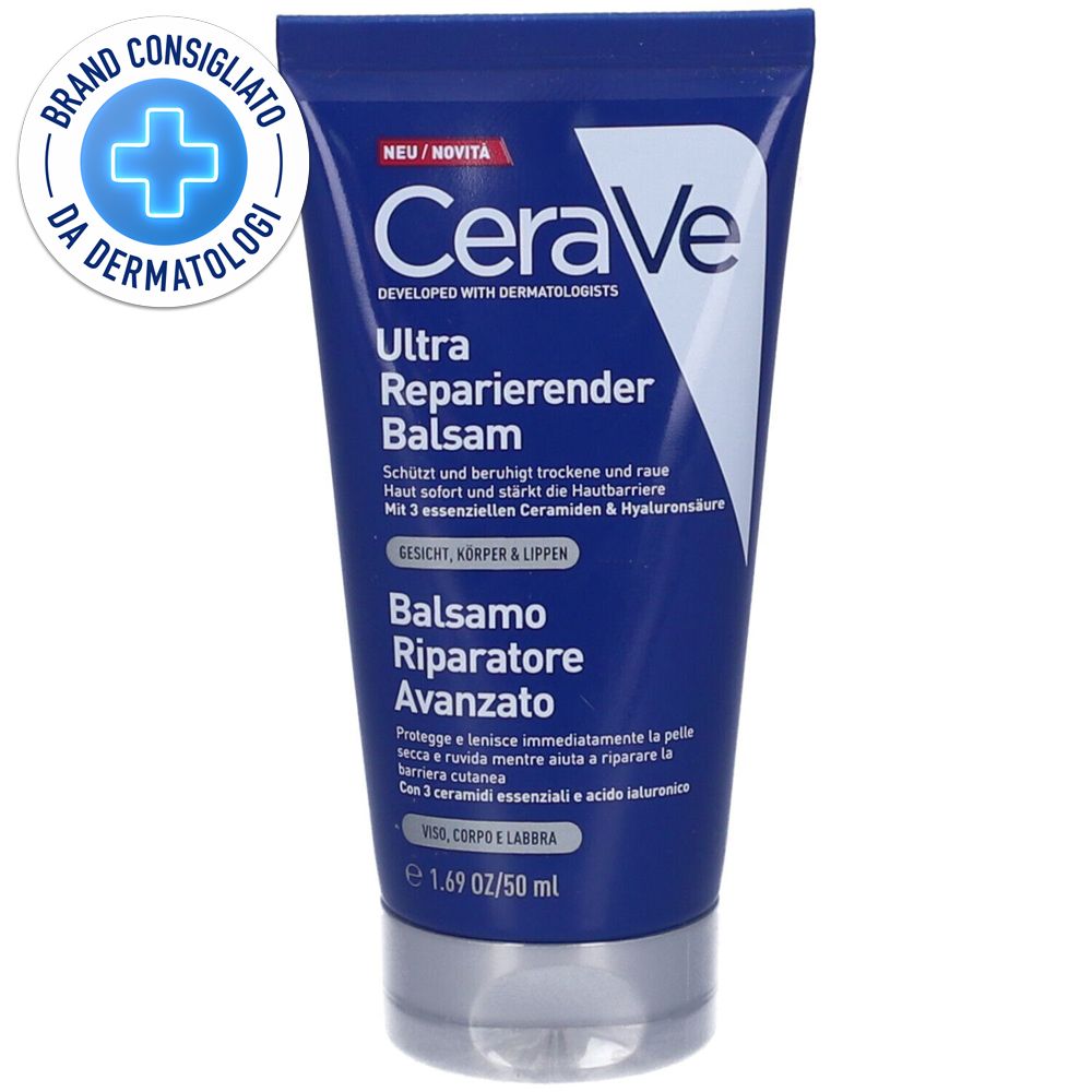 Tubo blu e bianco. Testo: CeraVe, Balsamo Riparatore Avanzato. Viso, corpo e labbra. Brand Consigliato da Dermatologi.