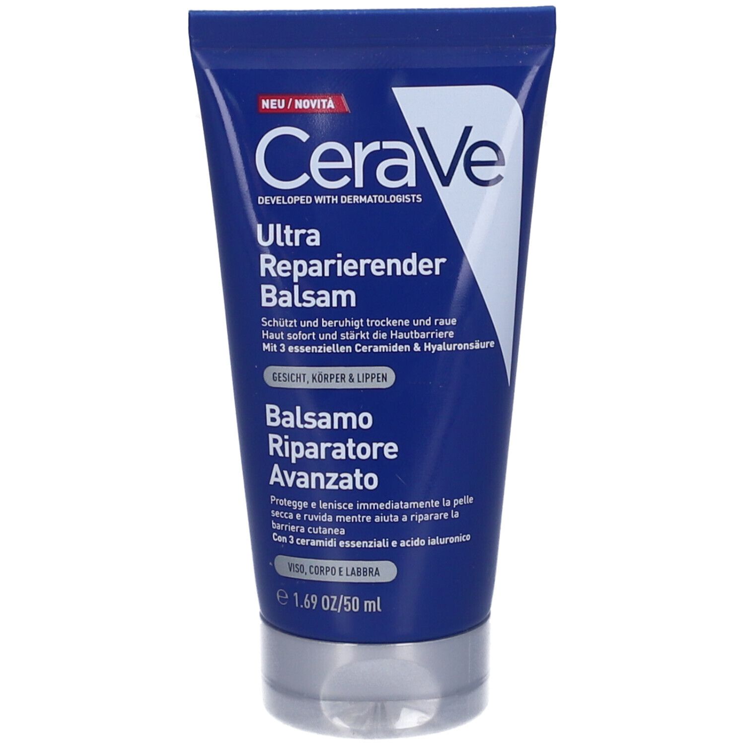 Tubo blu e bianco. Testo: CeraVe, Balsamo Riparatore Avanzato. Viso, corpo e labbra. Neu/Novità.