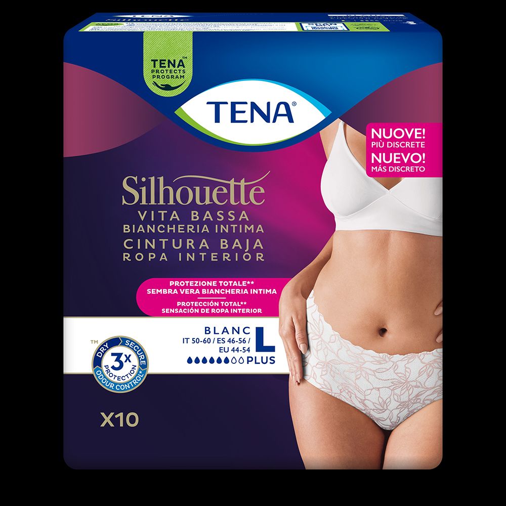 Verpackung von TENA Silhouette Vita Bassa Unterwäsche. Produktabbildung und Markennamen. Größe L, weiß. Aufdrucke: Dry, Secure, 3x Protection.