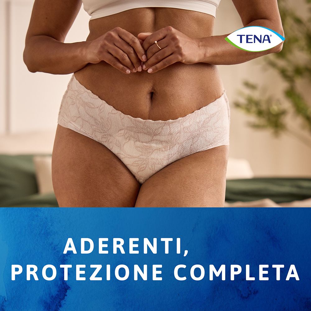 Person trägt weiße TENA Silhouette Unterwäsche. Text: Aderenti, protezione completa.