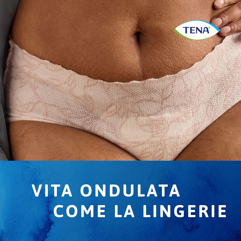 Person trägt weiße TENA Silhouette Unterwäsche. Text: Vita ondulata come la lingerie.