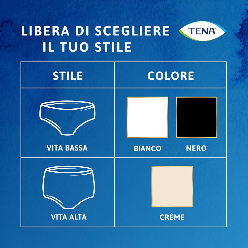 TENA Unterwäsche: Vita Bassa und Vita Alta. Farben: Weiß, Schwarz, Crème.