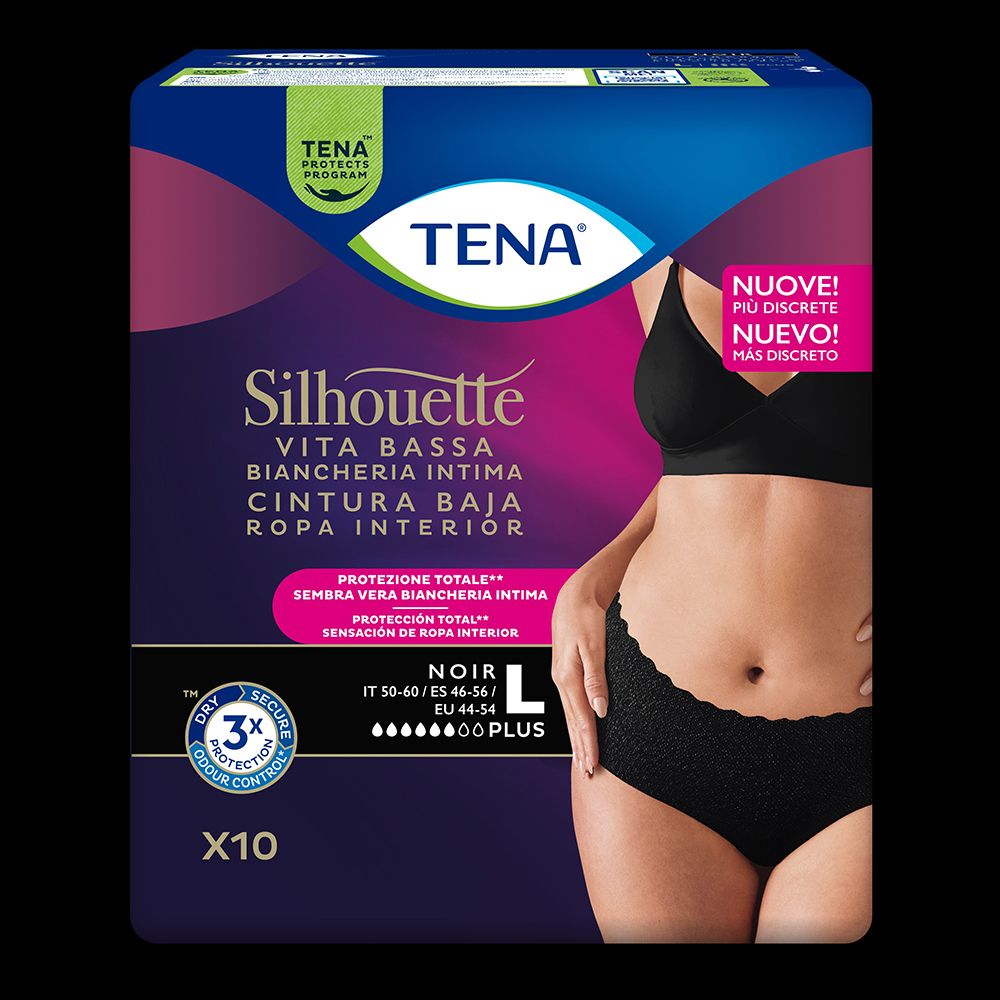 Verpackung Tena Silhouette Noir. Niedriger Bund. Größe L. 10 Stück. Dry Odour Control. Schutz bis zu 100%.