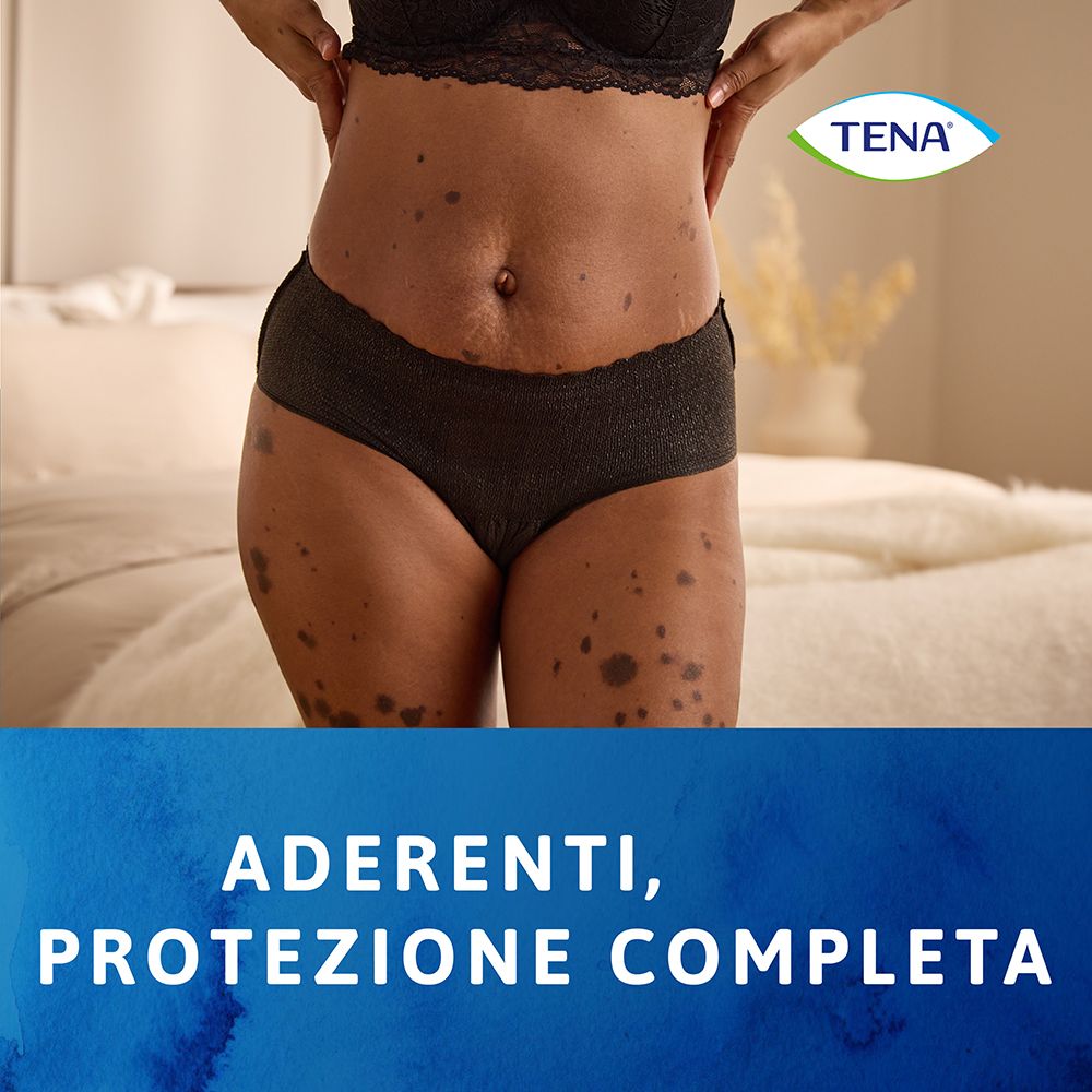 Schwarze Tena Silhouette Unterwäsche. Niedriger Bund. Tena Logo. Adherent, Protezione Completa.