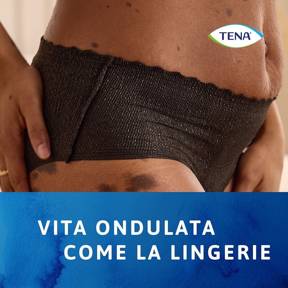 Schwarze Tena Silhouette Unterwäsche. Niedriger Bund. Tena Logo. Vita Ondulata Come La Lingerie.