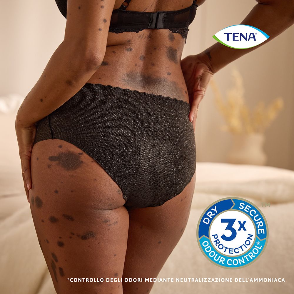 Schwarze Tena Silhouette Unterwäsche. Niedriger Bund. Dry Odour Control. Tena Logo. 3x Schutz.