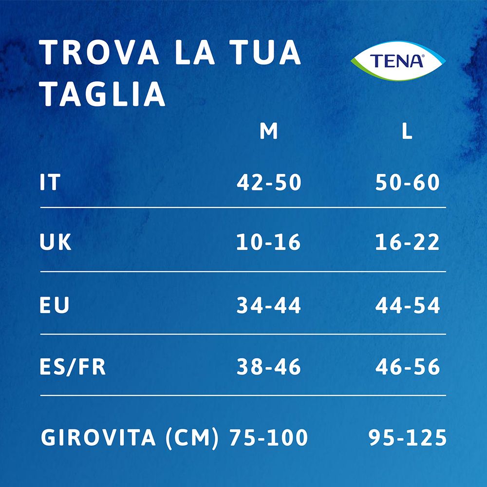 Größentabelle für Tena Unterwäsche. IT, UK, EU, ES/FR. Taillenweite in cm.