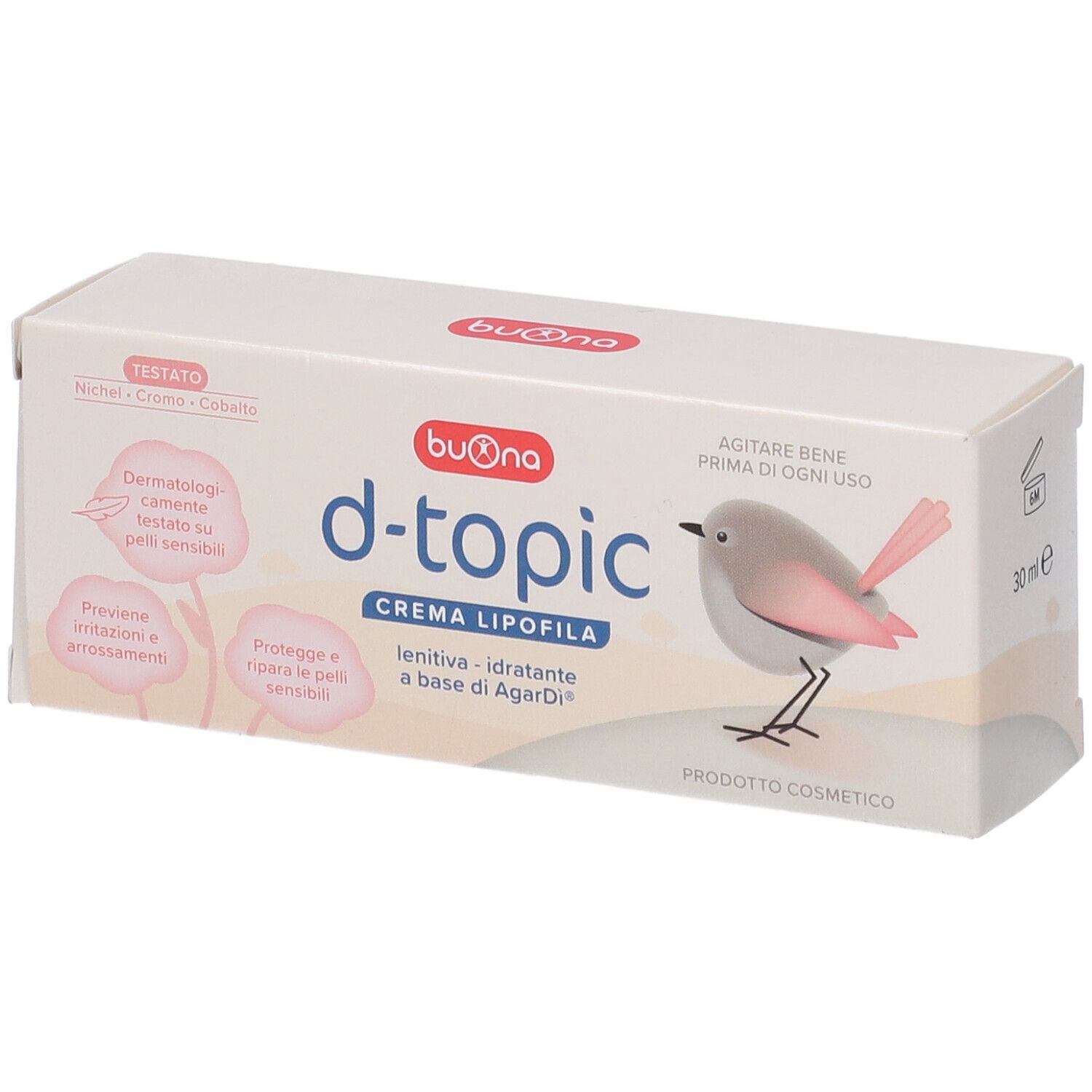 Scatola bianca con nome prodotto d-topic. Contiene testo e illustrazione di un uccello. Scritto: crema lipofila.