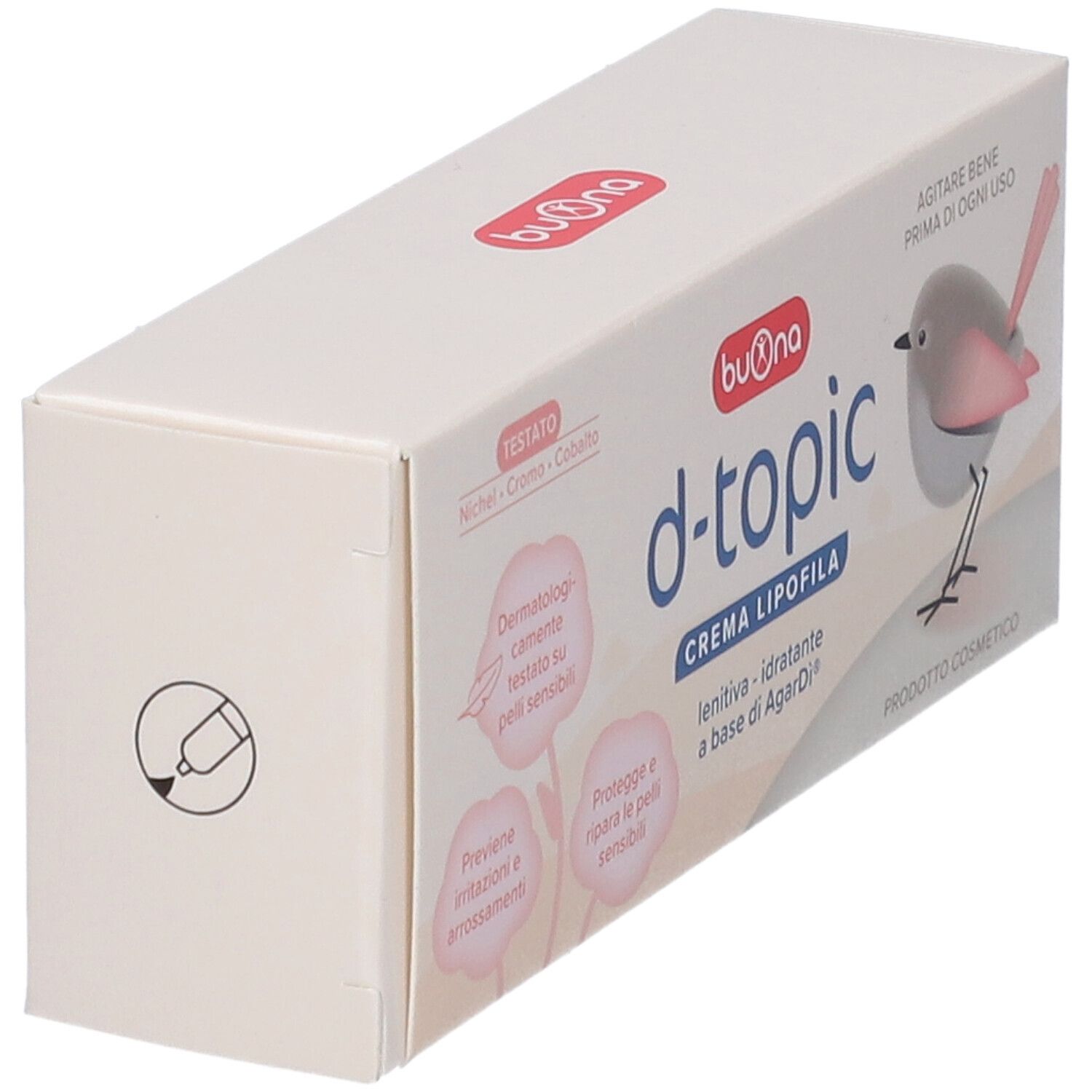 Scatola con nome prodotto d-topic. Contiene testo e illustrazione di un uccello. Scritto: crema lipofila. Vista angolare.