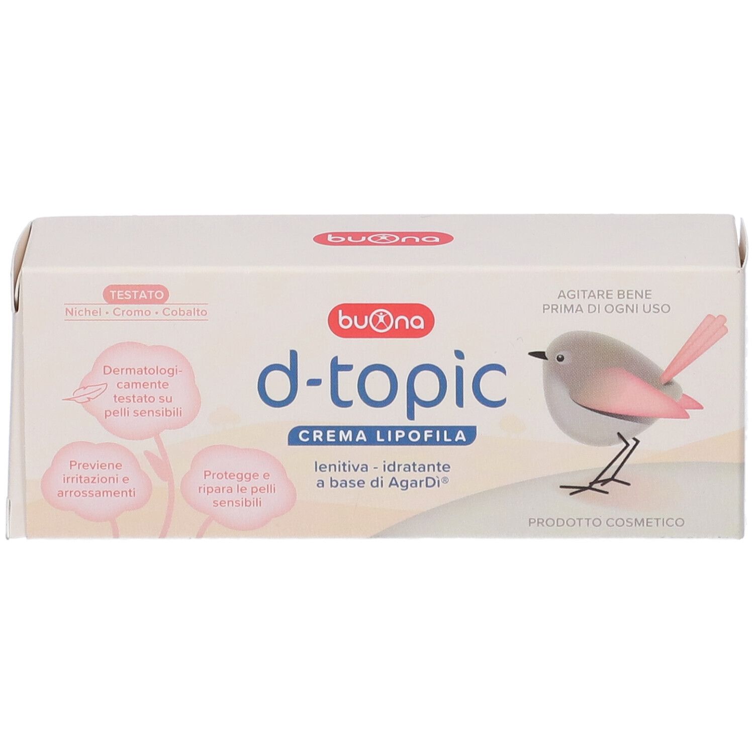 Scatola bianca con nome prodotto d-topic. Contiene testo e illustrazione di un uccello. Scritto: crema lipofila.