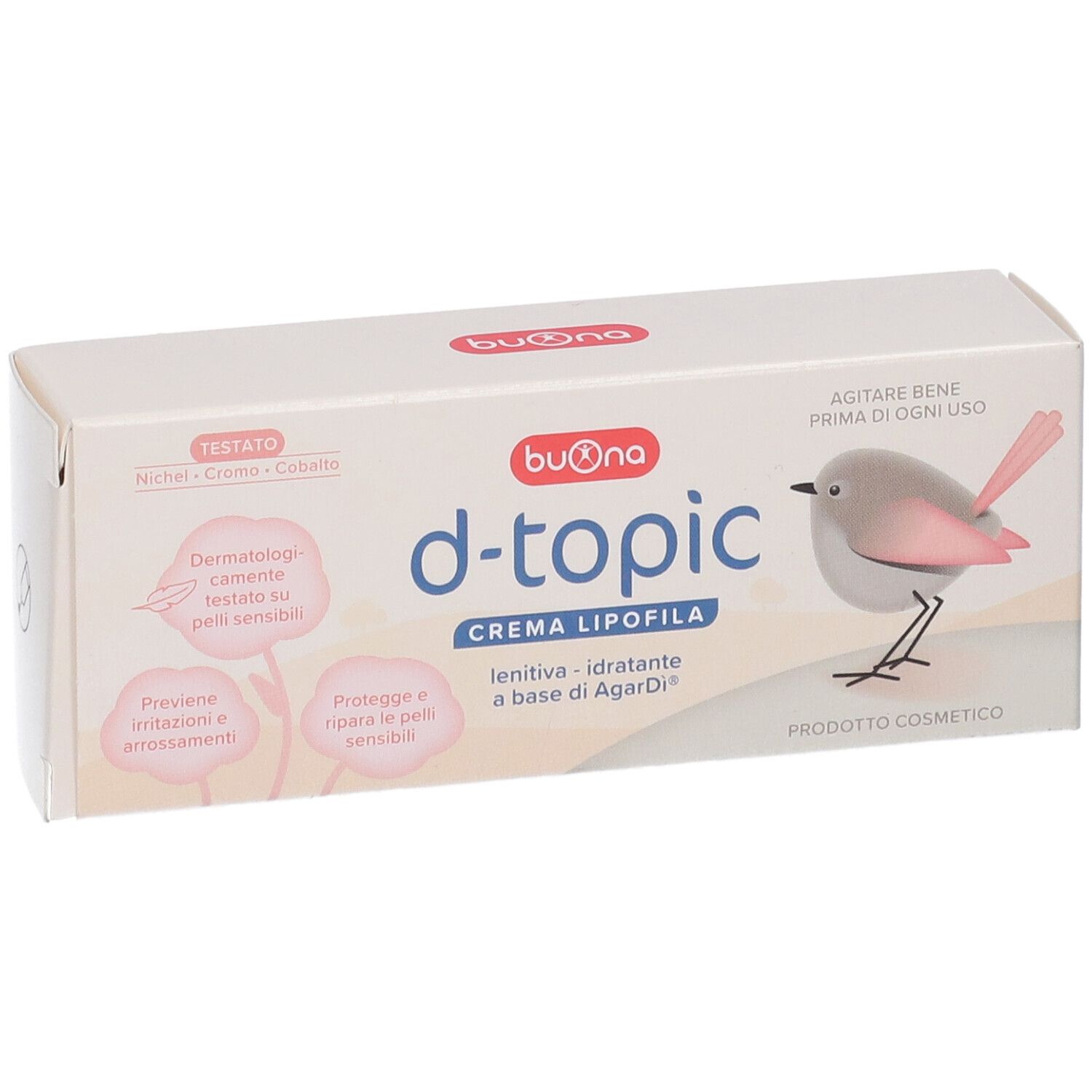 Scatola bianca con nome prodotto d-topic. Contiene testo e illustrazione di un uccello. Scritto: crema lipofila.
