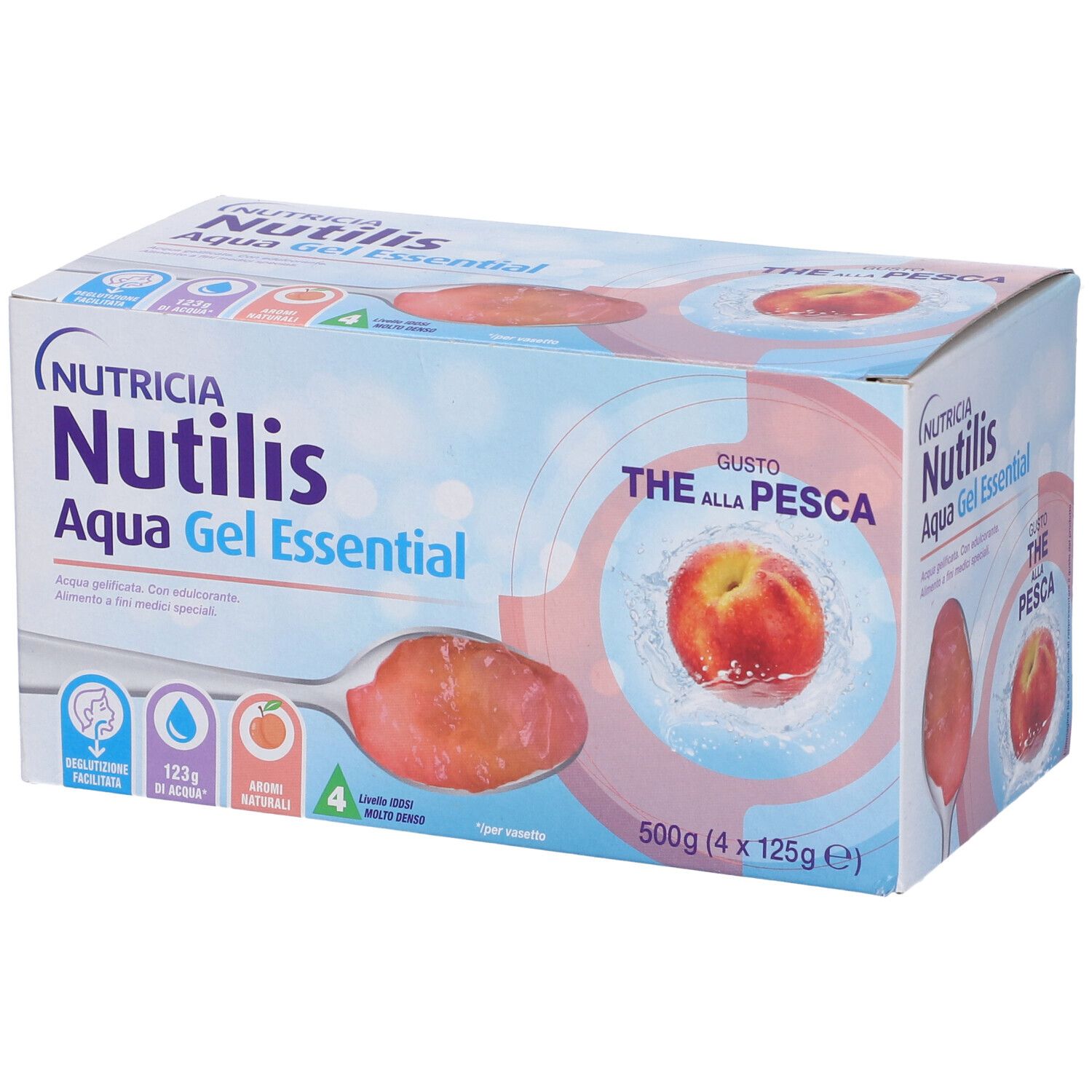 Confezione Nutricia Nutilis Aqua Gel Essential. Gusto pesca. Contiene 4 bustine. Immagine di pesca e cucchiaio.
