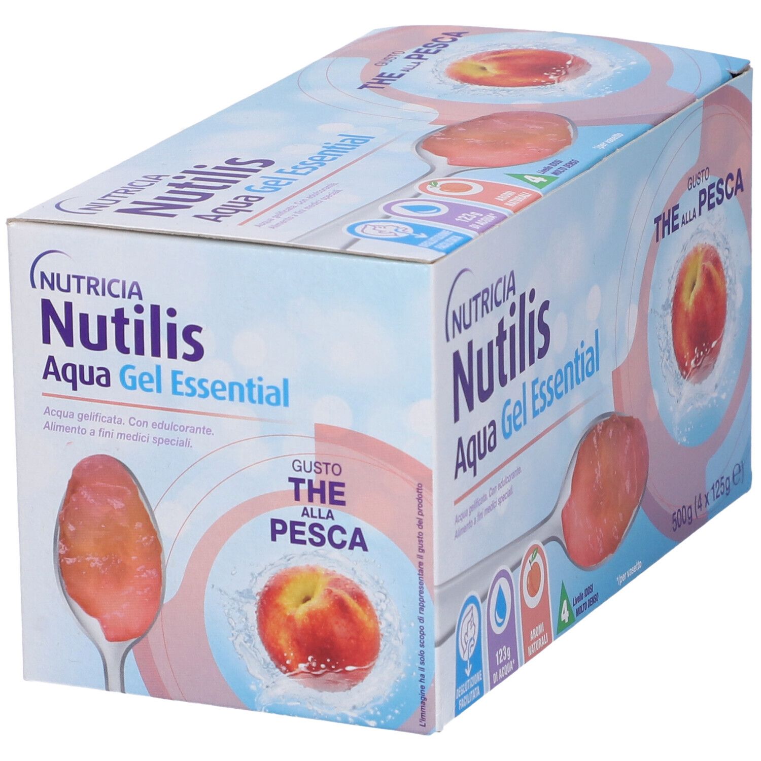 Confezione Nutricia Nutilis Aqua Gel Essential. Gusto pesca. Contiene 4 bustine. Vista prospettica.