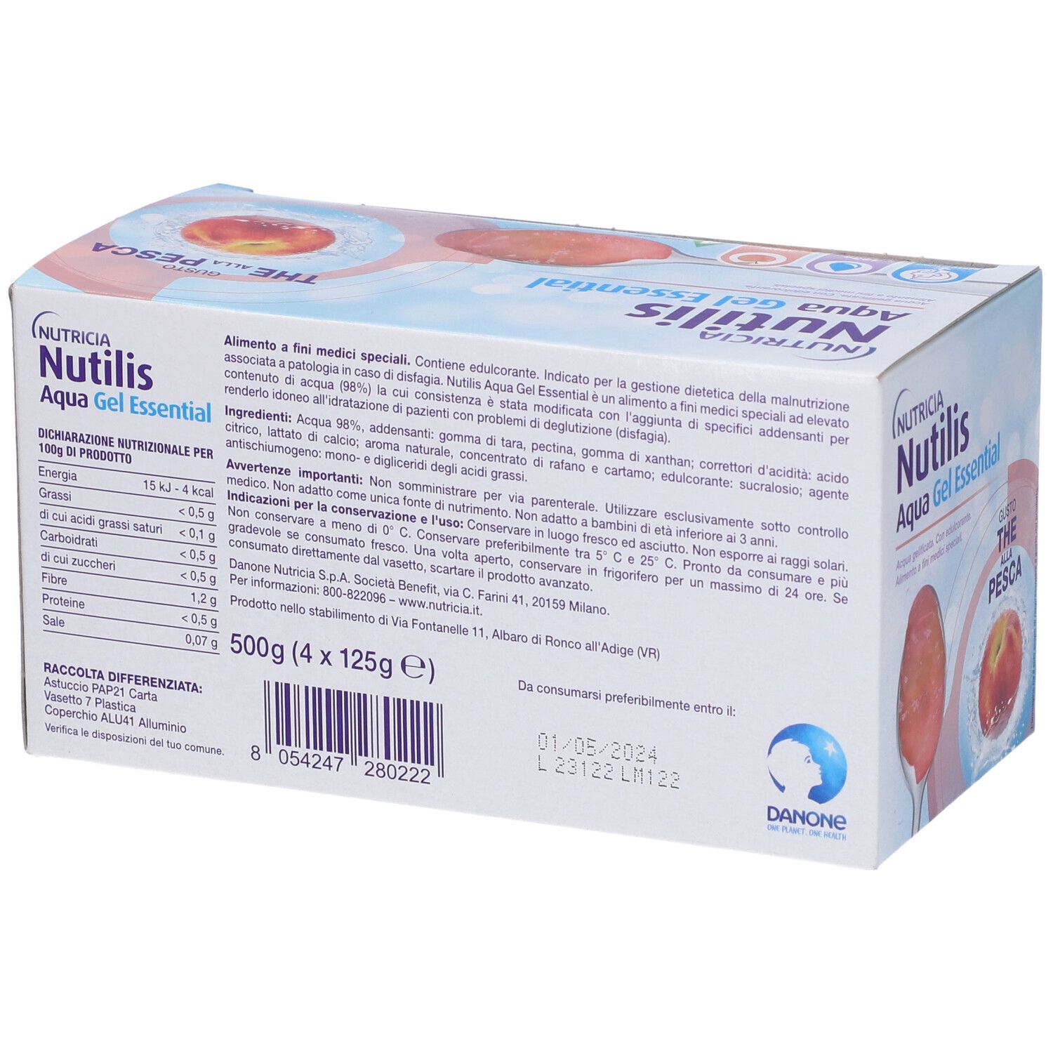 Retro confezione Nutricia Nutilis Aqua Gel Essential. Informazioni nutrizionali e ingredienti. Data di scadenza.
