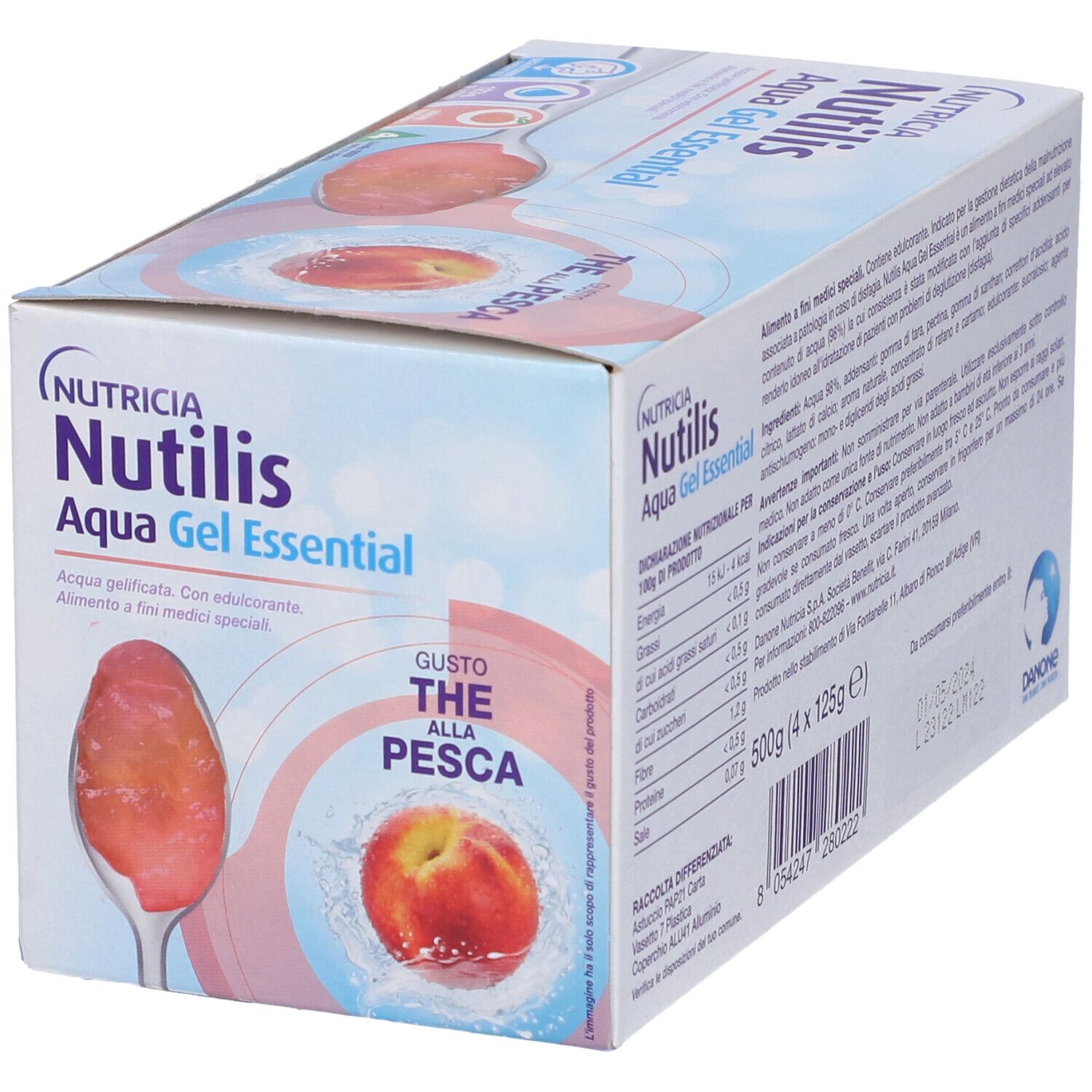 Confezione Nutricia Nutilis Aqua Gel Essential. Gusto pesca. Contiene 4 bustine. Vista prospettica.