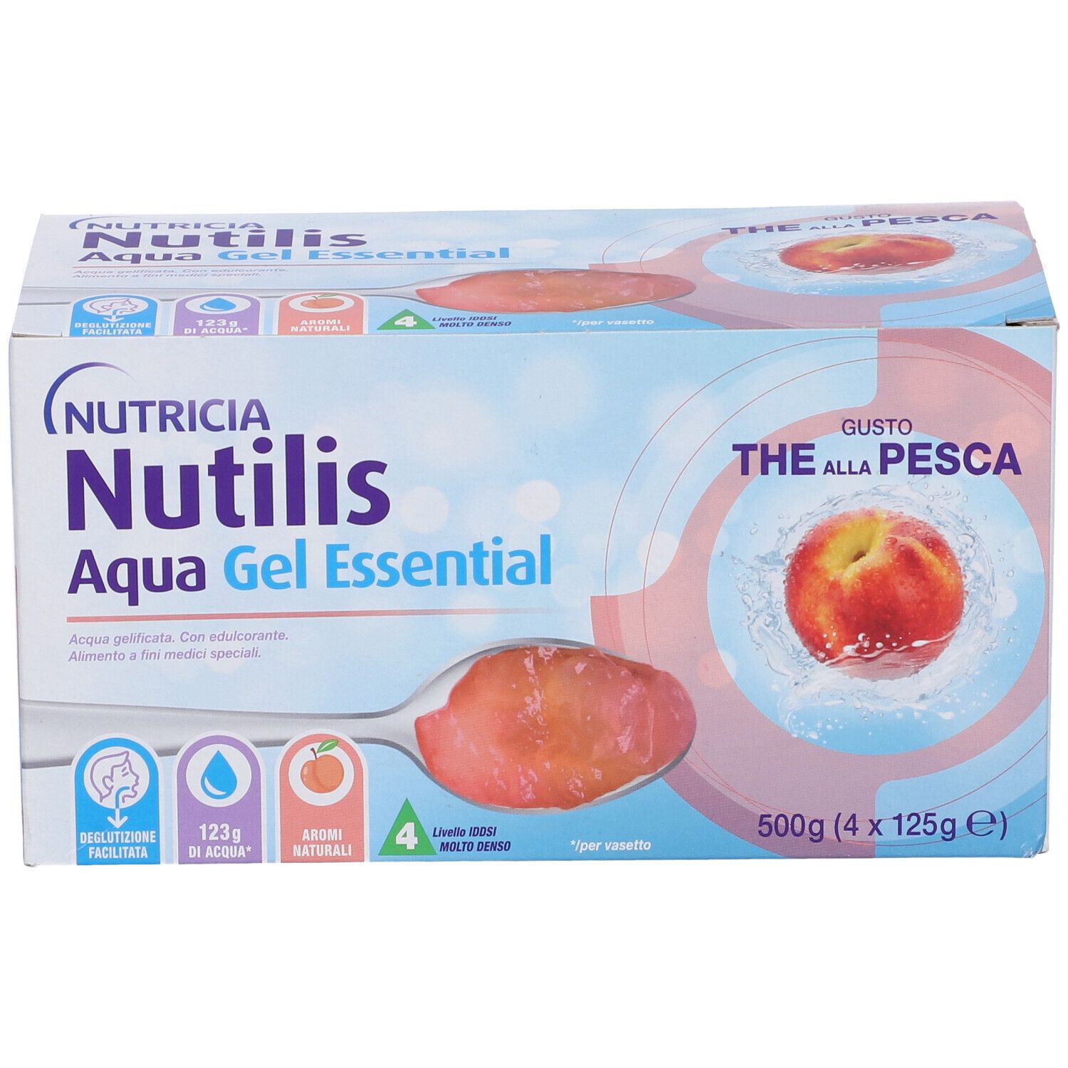 Confezione Nutricia Nutilis Aqua Gel Essential. Gusto pesca. Contiene 4 bustine. Simboli.