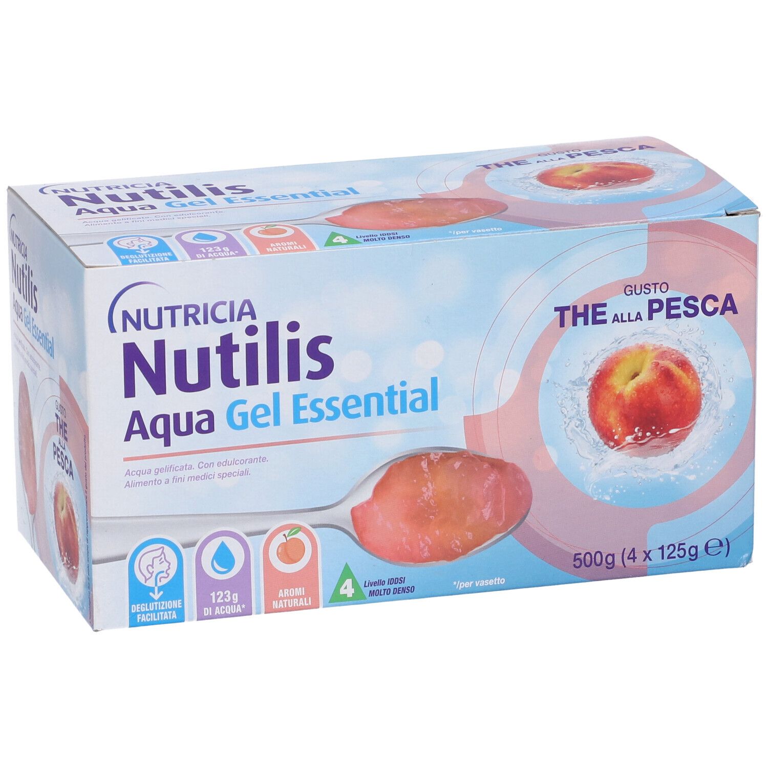 Confezione Nutricia Nutilis Aqua Gel Essential. Gusto pesca. Contiene 4 bustine. Vista prospettica.
