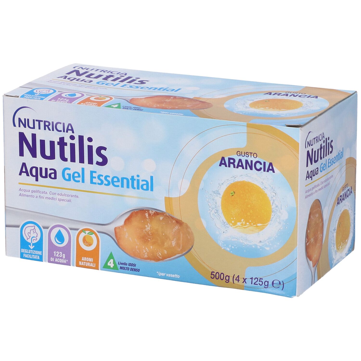 Confezione di Nutricia Nutilis Aqua Gel Essential Arancia. Quattro confezioni, 125g ciascuna. Scritto: Gusto Arancia.