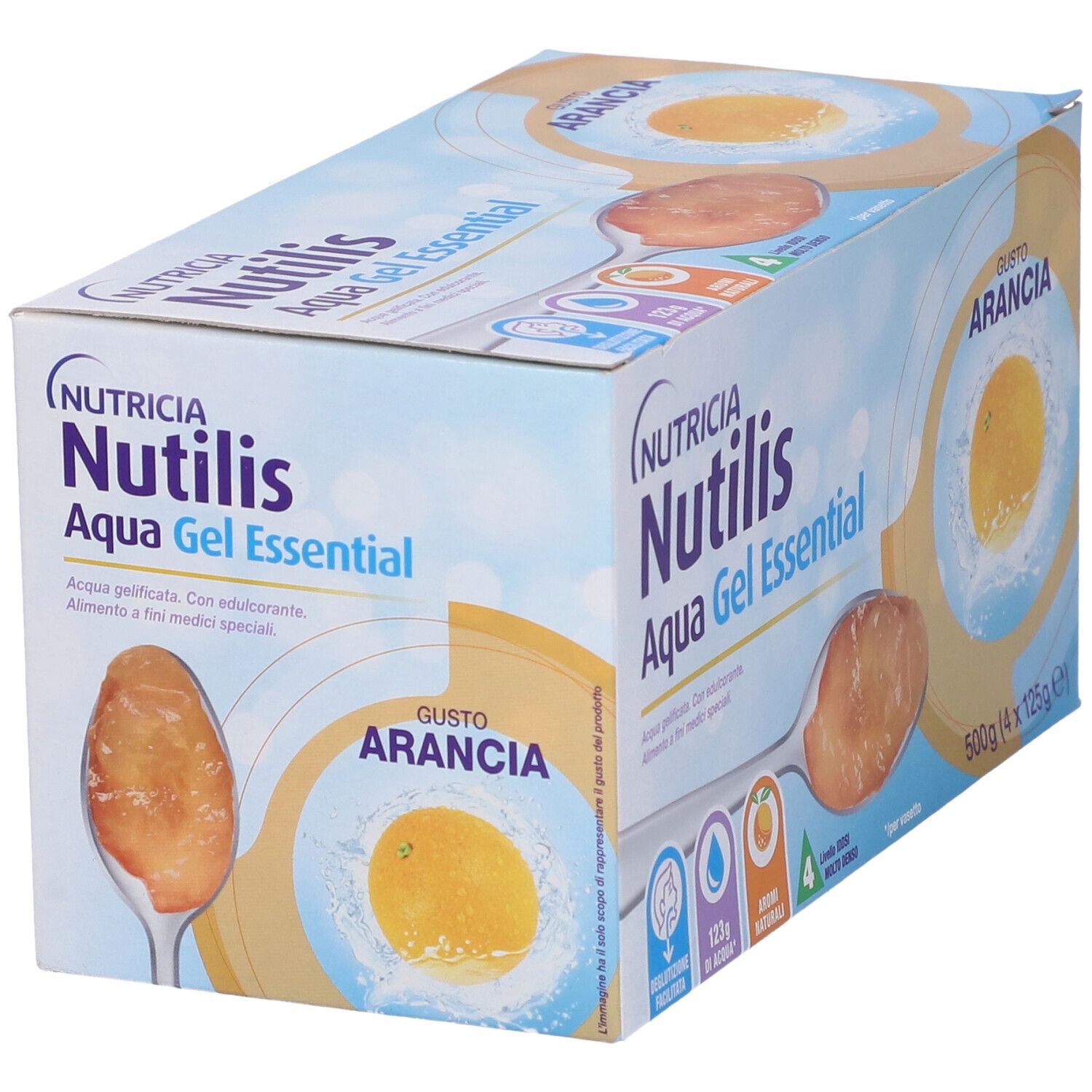 Vista angolata della confezione Nutricia Nutilis Aqua Gel Essential Arancia. Scritto: Gusto Arancia, 500g (4x125g).