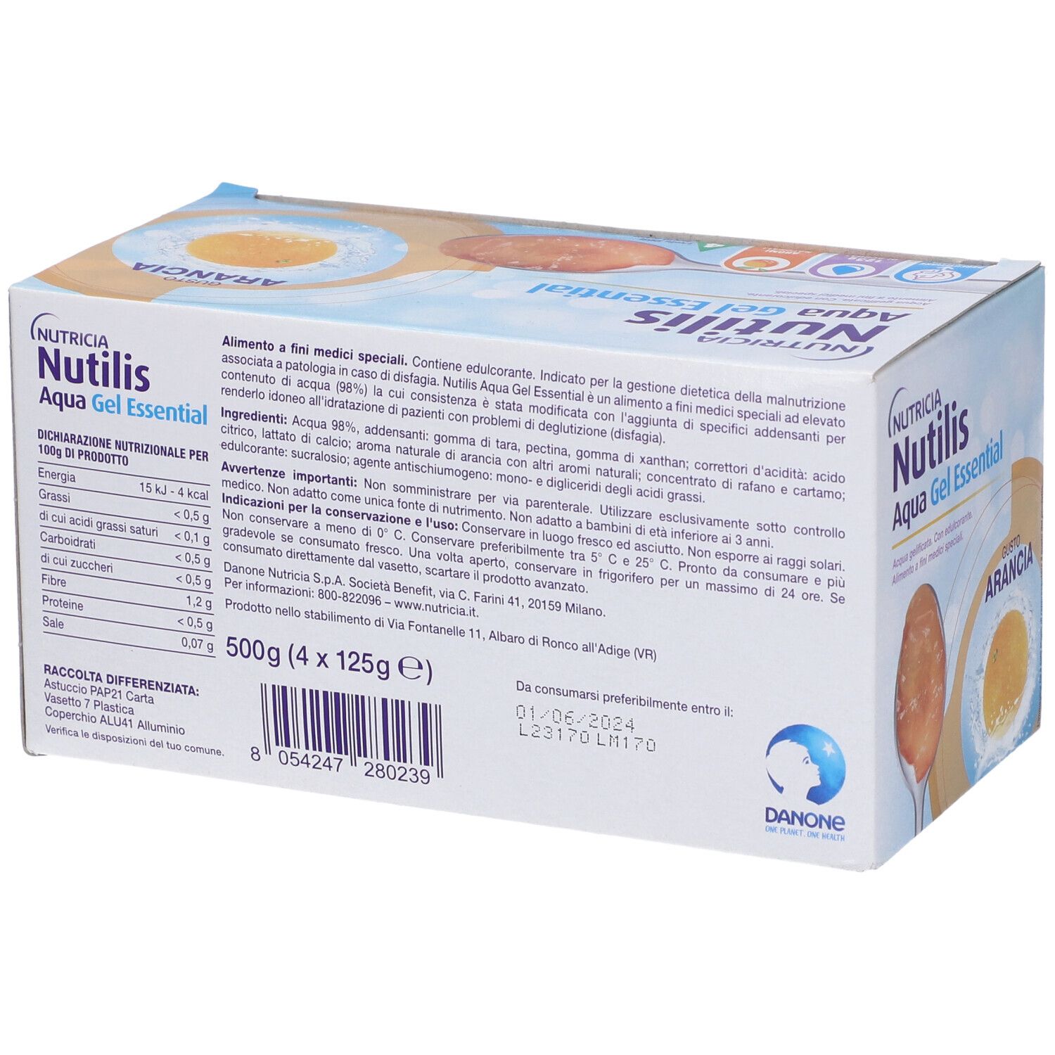 Retro della confezione Nutricia Nutilis Aqua Gel Essential Arancia. Contiene informazioni nutrizionali e ingredienti.
