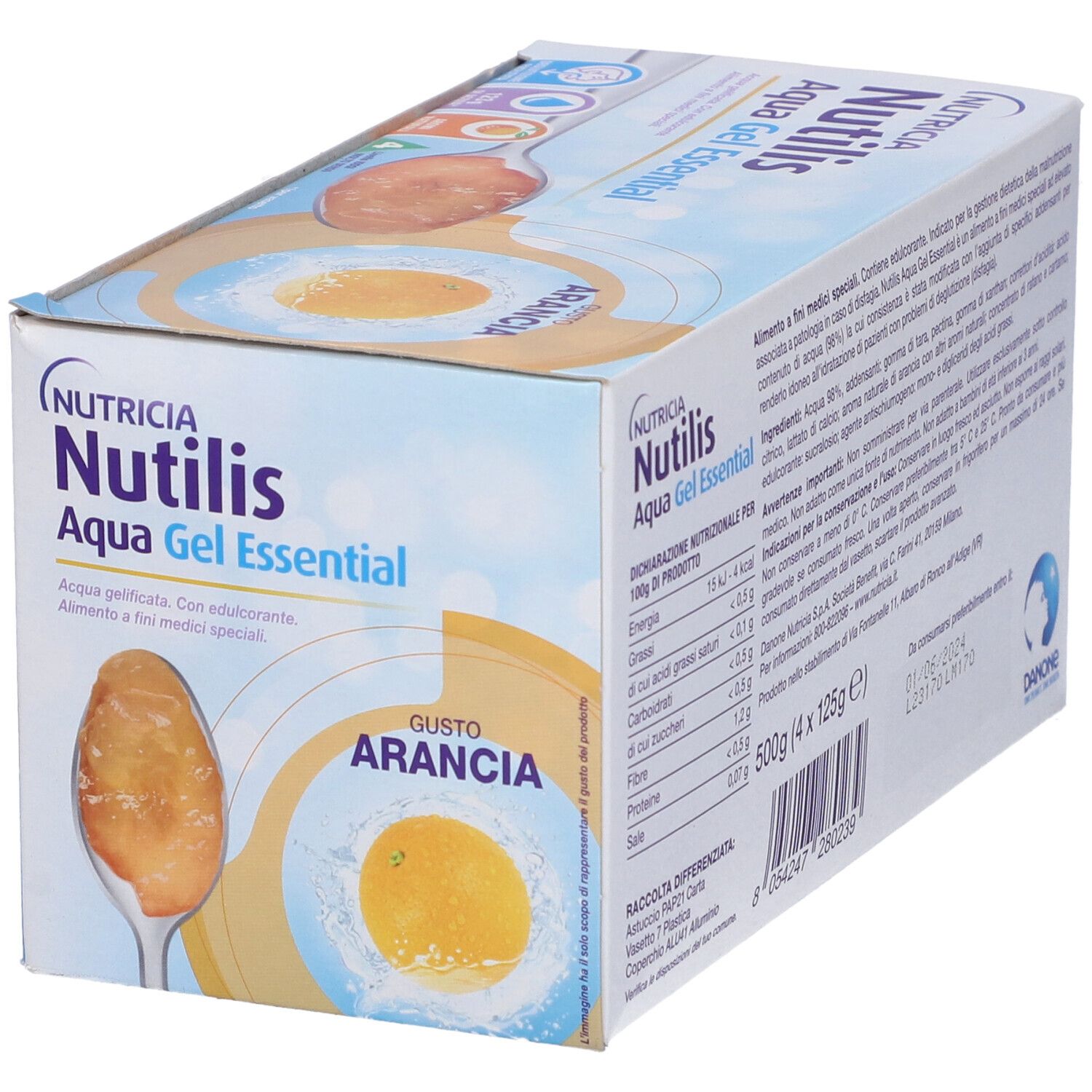 Vista angolata della confezione Nutricia Nutilis Aqua Gel Essential Arancia. Scritto: informazioni nutrizionali, Gusto Arancia.