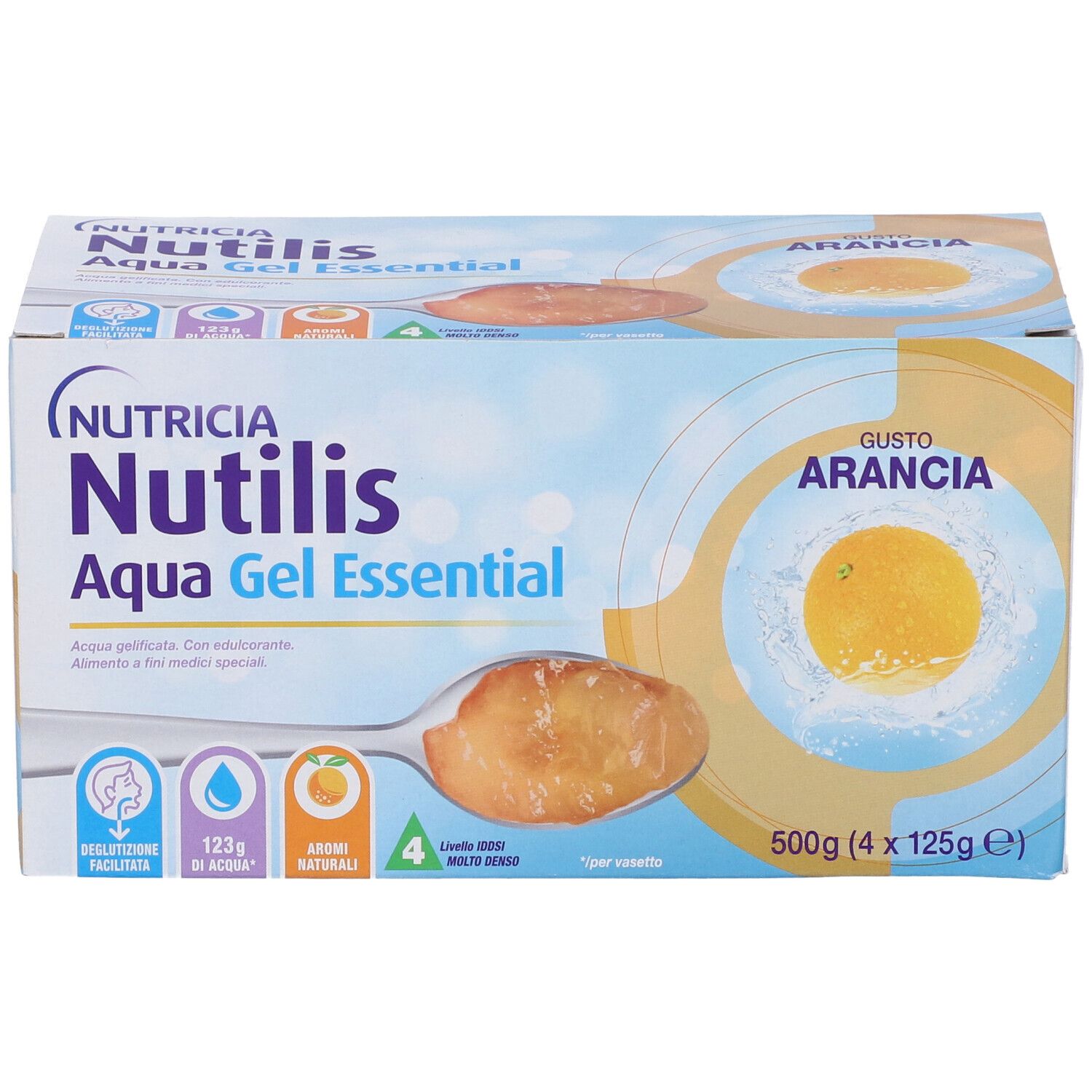 Confezione di Nutricia Nutilis Aqua Gel Essential Arancia. Scritto: Gusto Arancia, 500g (4x125g). Simboli per 123g di acqua.
