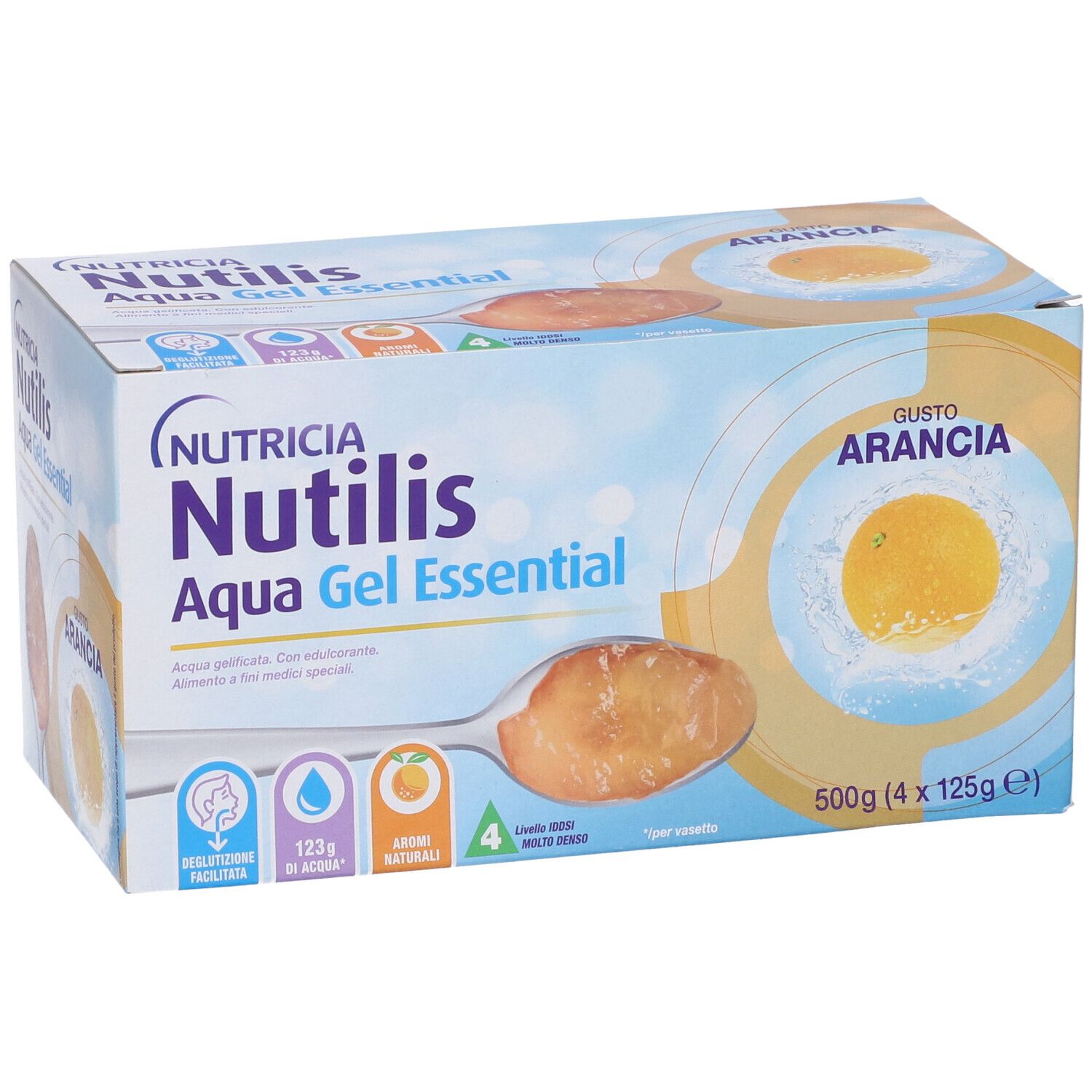 Confezione di Nutricia Nutilis Aqua Gel Essential Arancia. Scritto: Gusto Arancia, 500g (4x125g). Simboli per 123g di acqua.