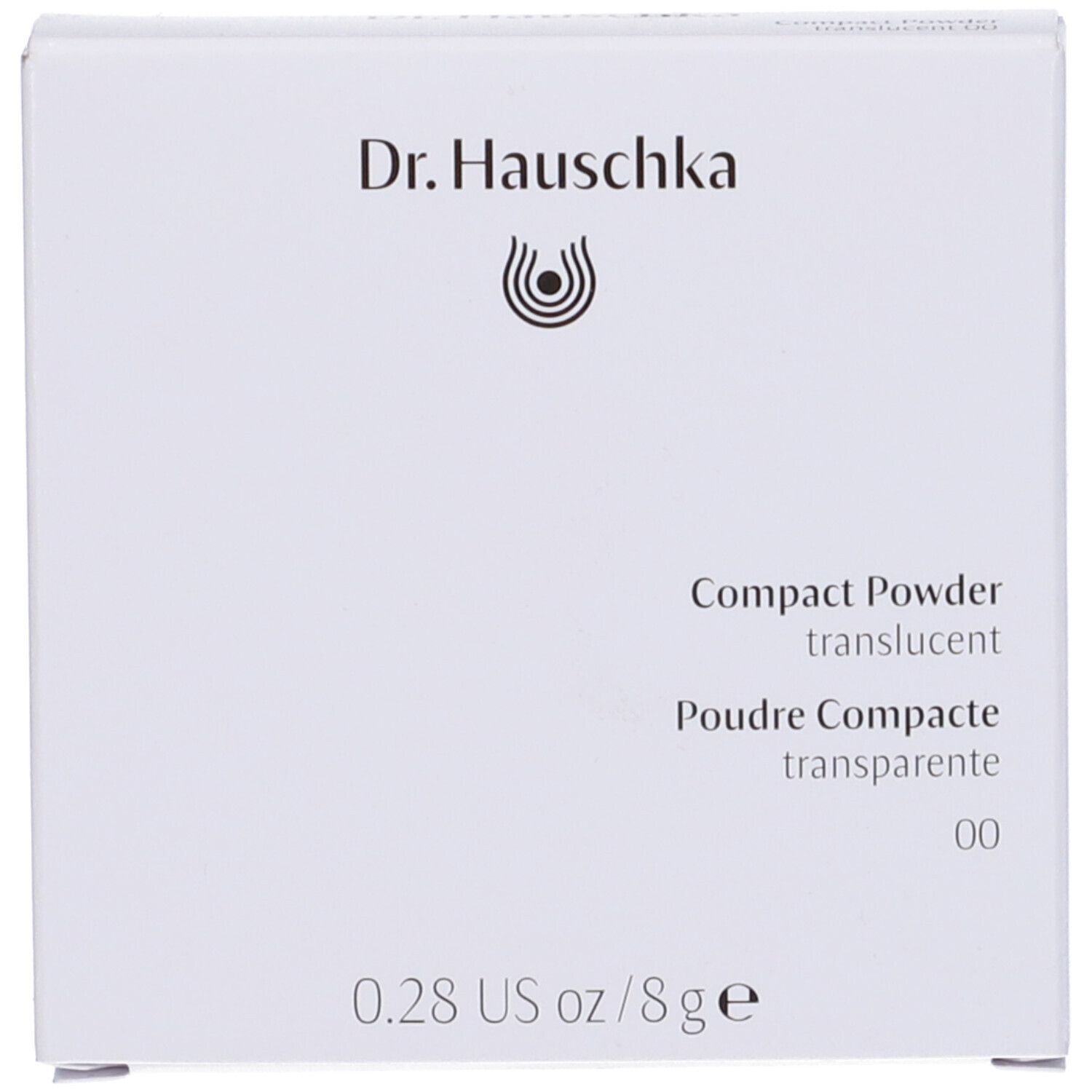 Confezione bianca con scritta Dr. Hauschka, Cipria Compatta, trasparente. 0,28 US oz / 8 g.