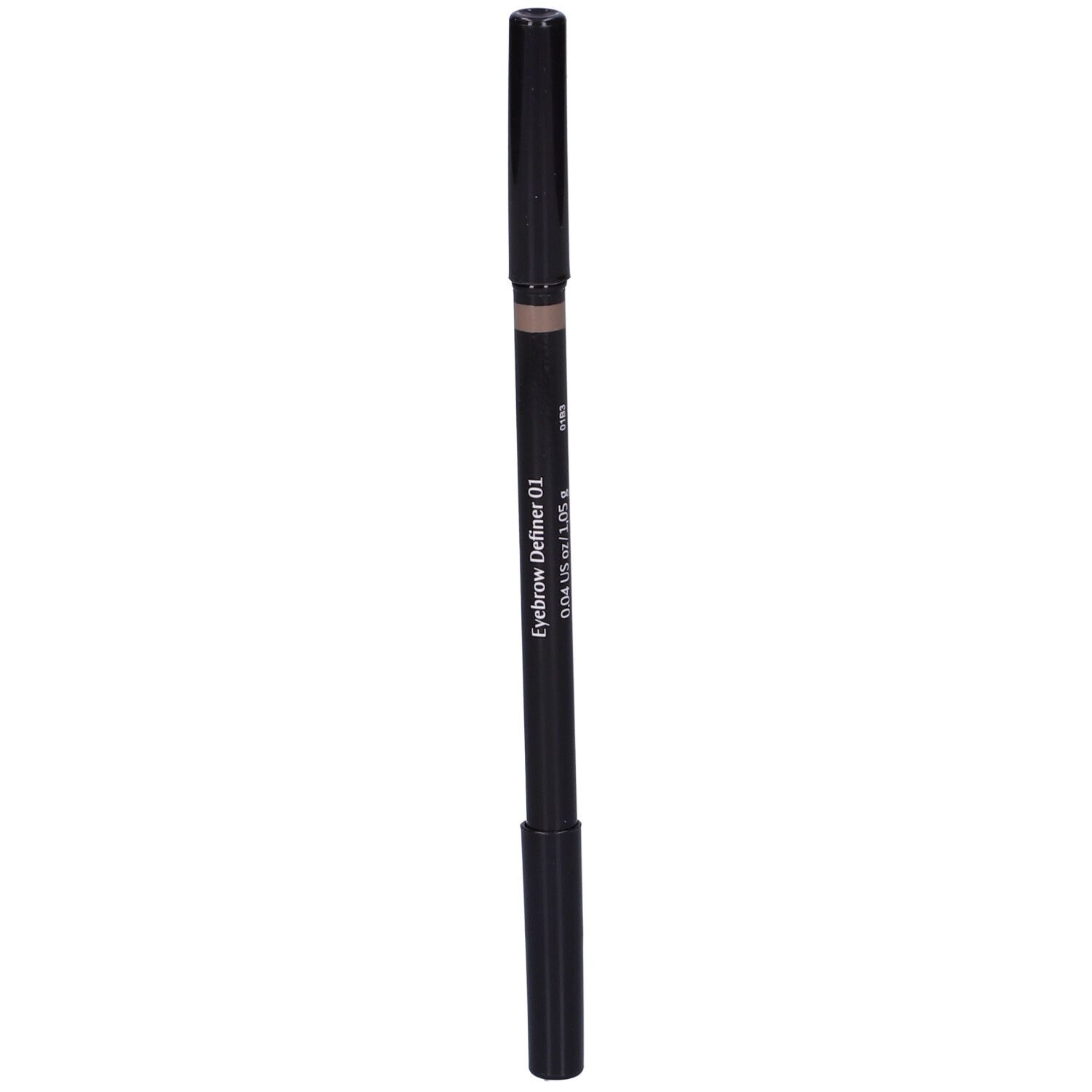 Matita doppia nera. Mina marrone, cappucci neri. Scritta: Eyebrow Definer 01.