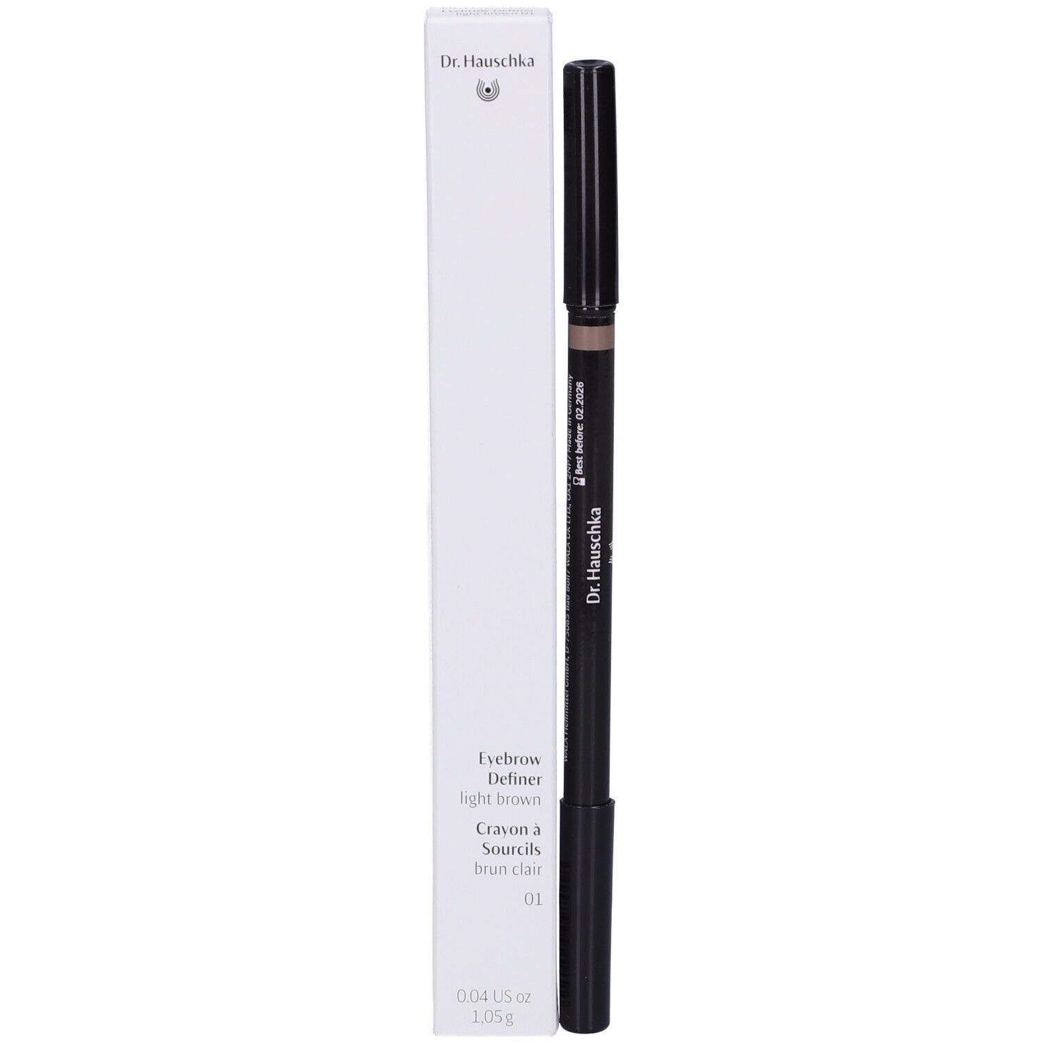Matita doppia nera e confezione bianca. Scritta: Eyebrow Definer, light brown, 01.