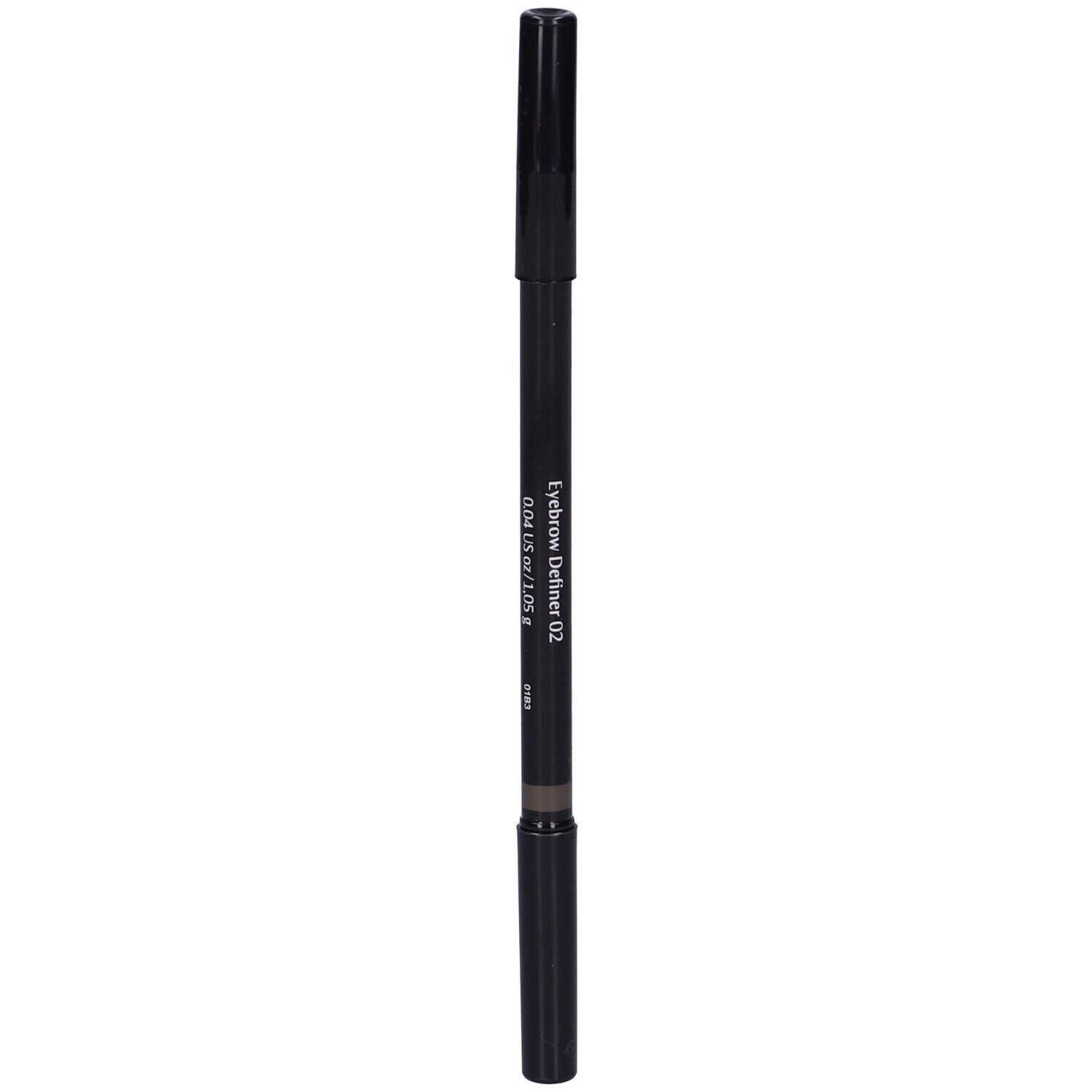 Matita per sopracciglia doppia, marrone scuro. Matita nera con cappucci alle due estremità. Scritta: Dr. Hauschka, Eyebrow Definer 02.