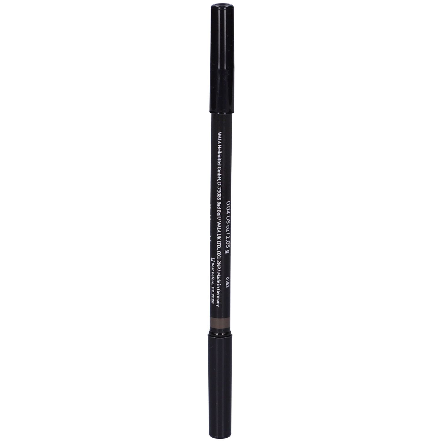 Matita per sopracciglia doppia, marrone scuro. Matita nera con cappucci alle due estremità. Scritta: Dr. Hauschka, Eyebrow Definer 02.