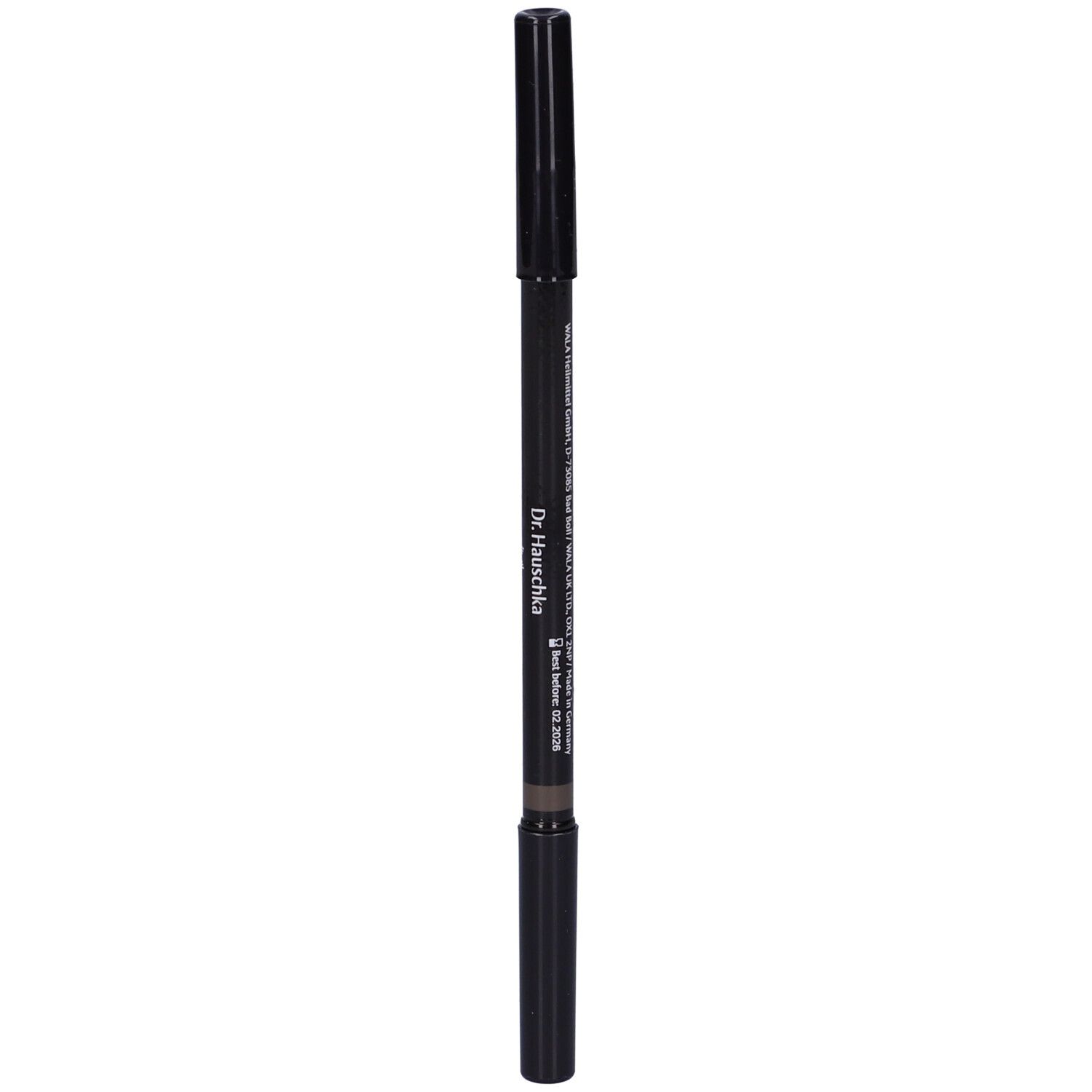 Matita per sopracciglia doppia, marrone scuro. Matita nera con cappucci alle due estremità. Scritta: Dr. Hauschka, Eyebrow Definer 02.