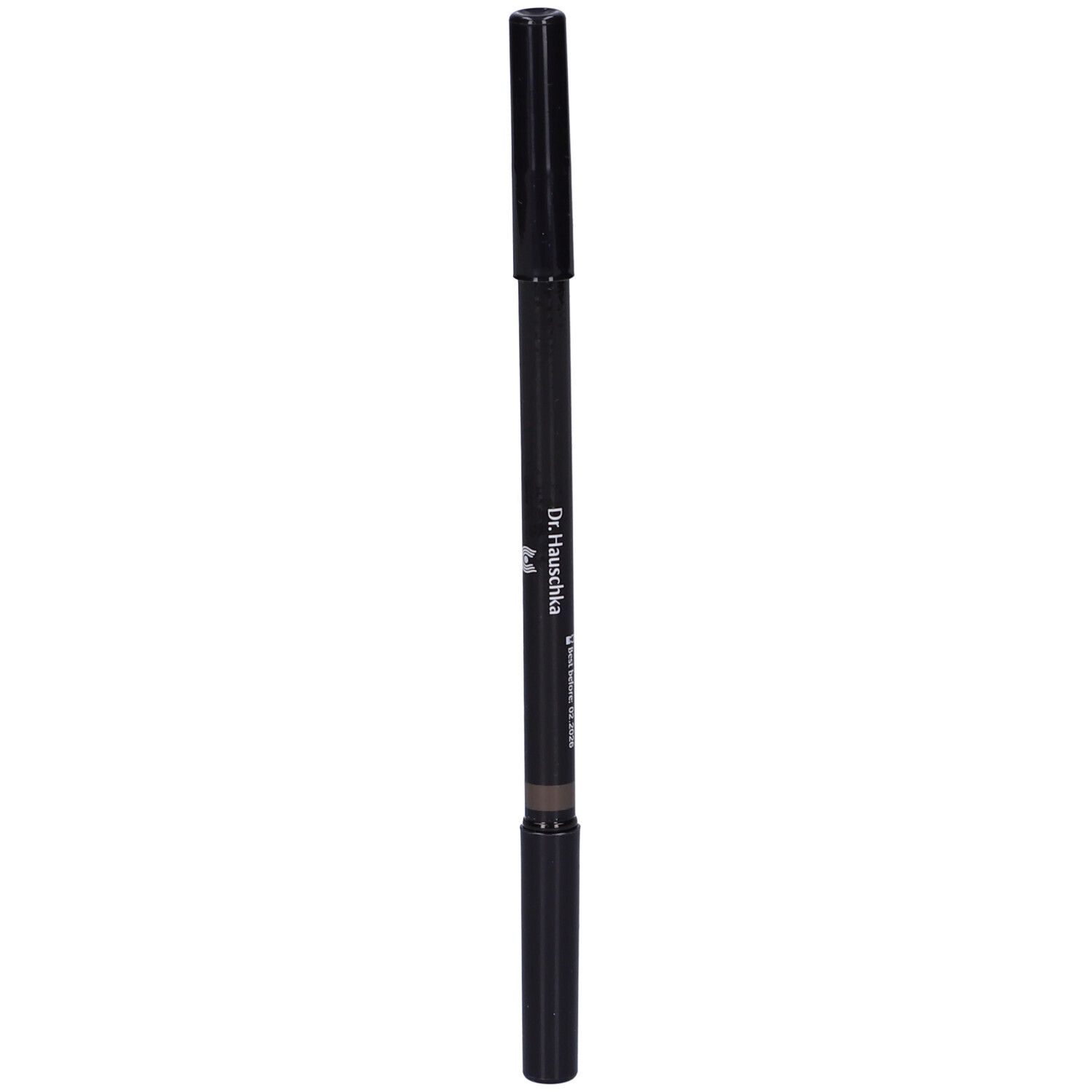 Matita per sopracciglia doppia, marrone scuro. Matita nera con cappucci alle due estremità. Scritta: Dr. Hauschka, Eyebrow Definer 02.