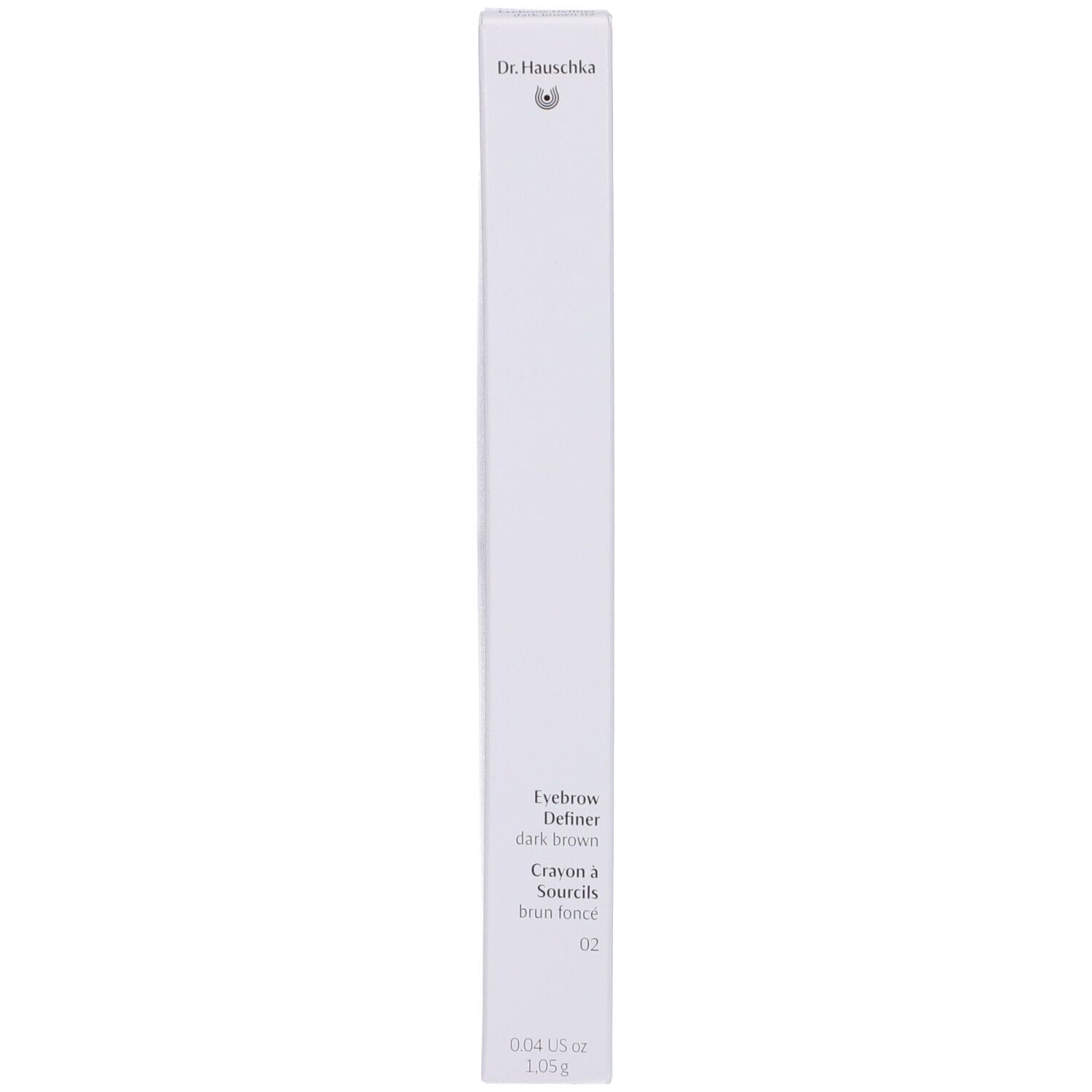 Confezione della matita per sopracciglia. Scatola bianca. Scritta: Eyebrow Definer, dark brown, Crayon à Sourcils, brun foncé, 02.