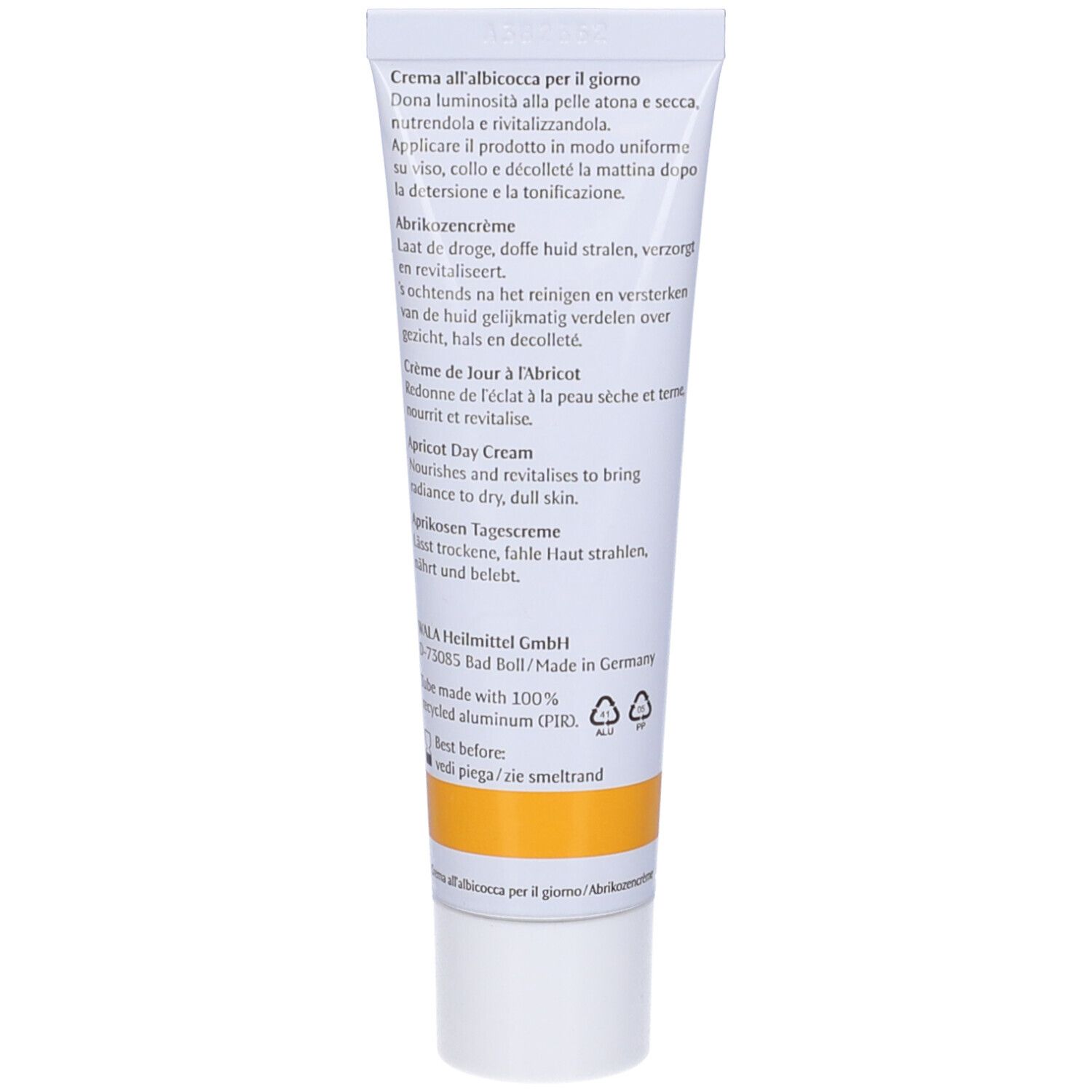 Retro del tubo. Testo multilingue. Scritta: Dr. Hauschka, Crema all'albicocca per il giorno.