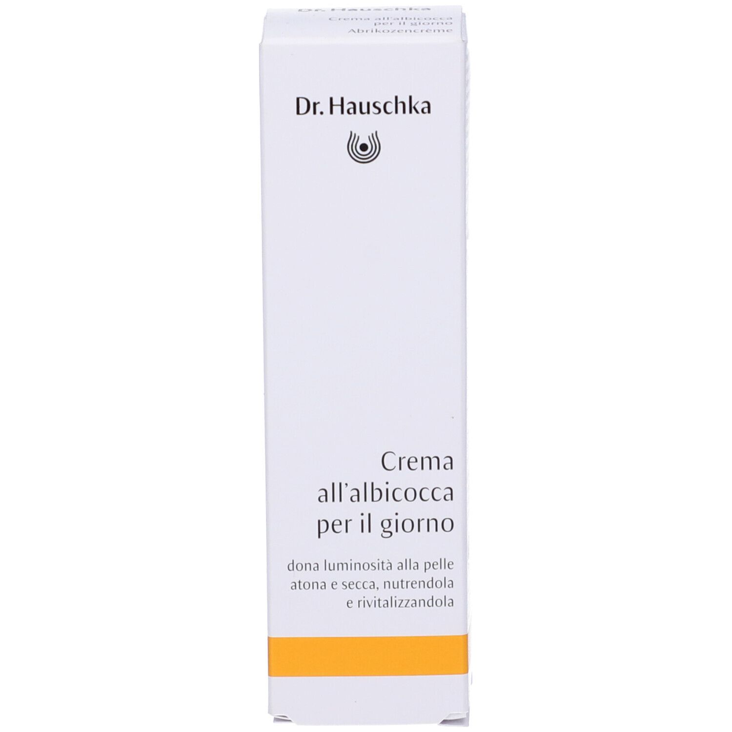 Scatola bianca. Scritta: Dr. Hauschka, Crema all'albicocca per il giorno.