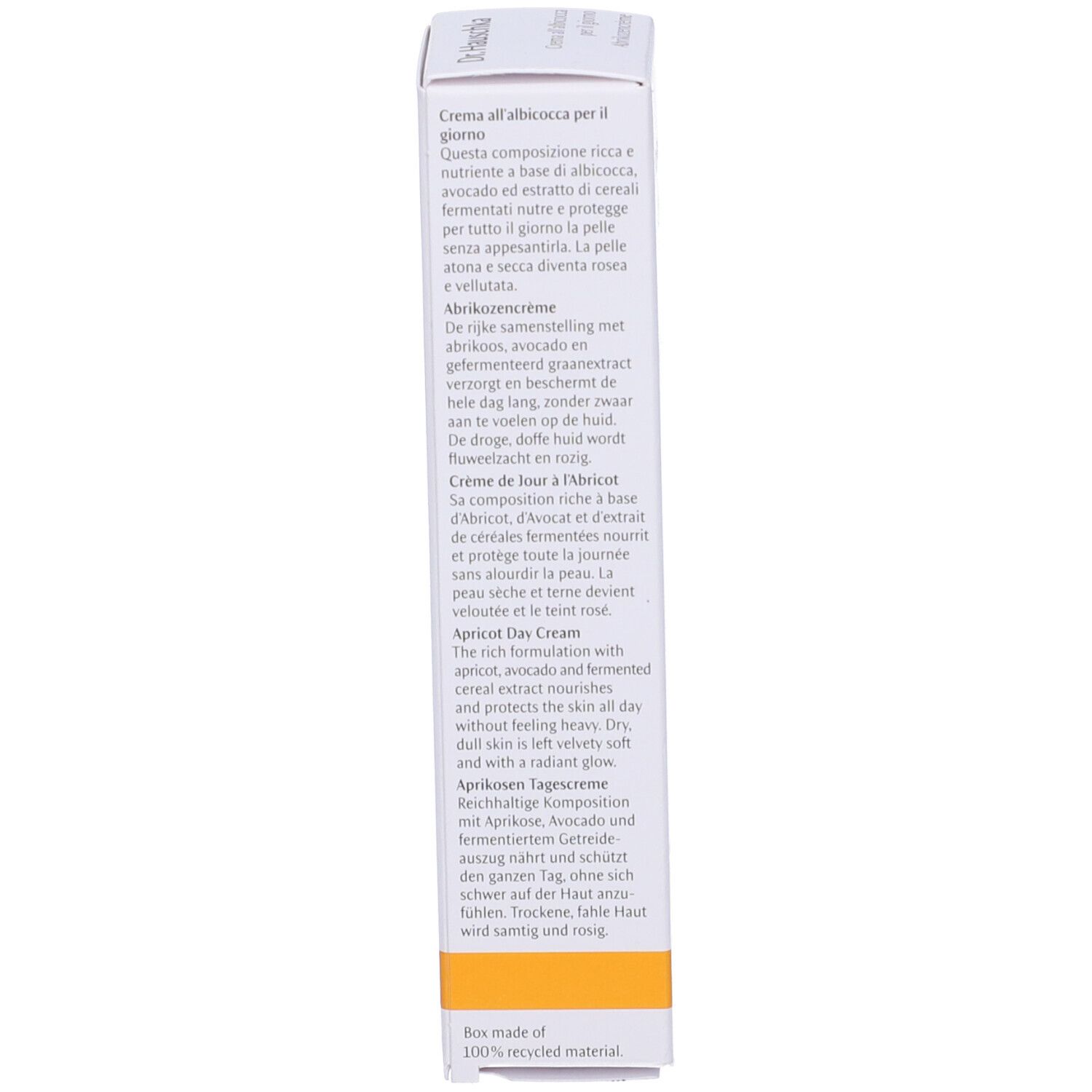 Lato della scatola. Testo multilingue. Scritta: Dr. Hauschka, Crema all'albicocca per il giorno.