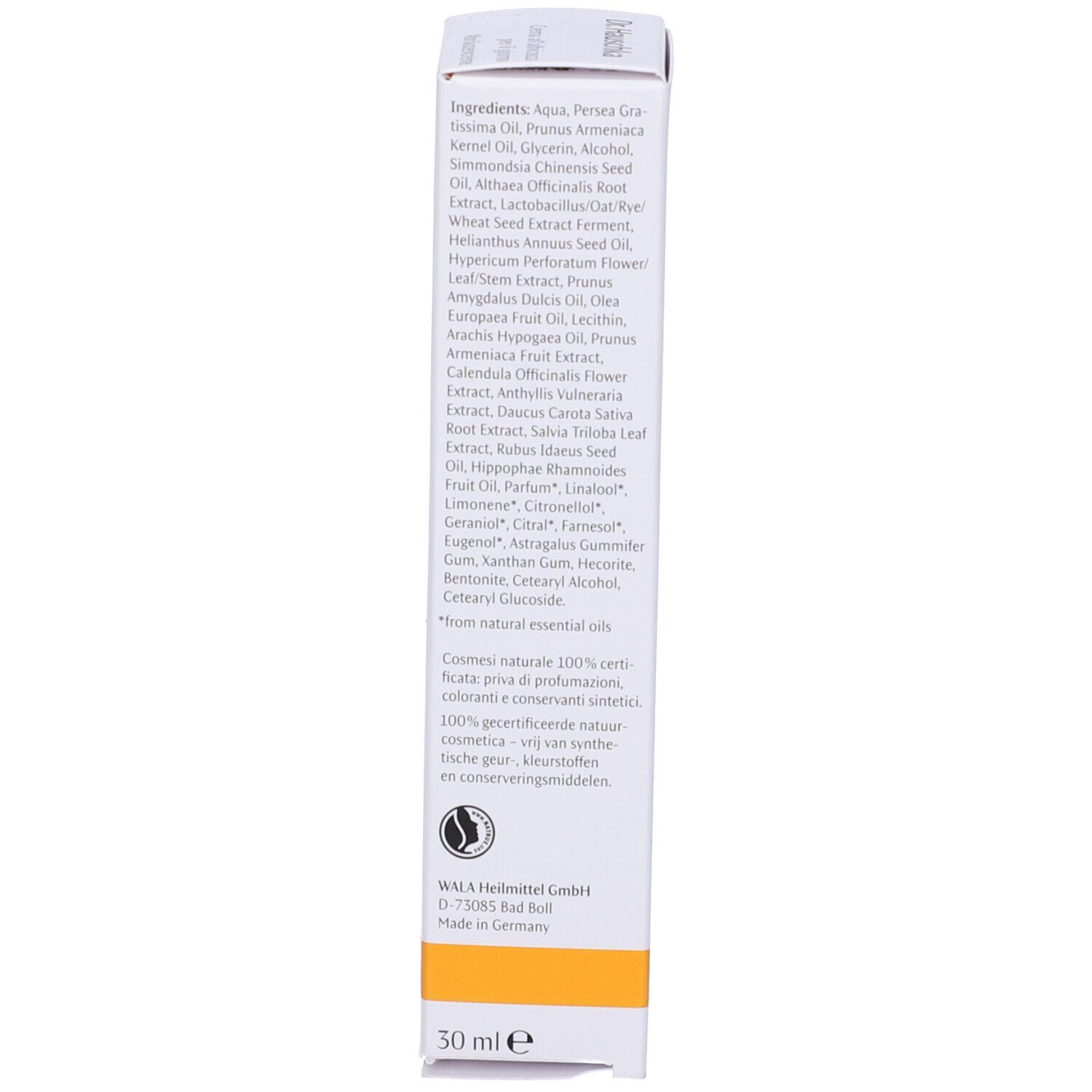 Lato della scatola. Elenco ingredienti. Scritta: 30 ml, Made in Germany.