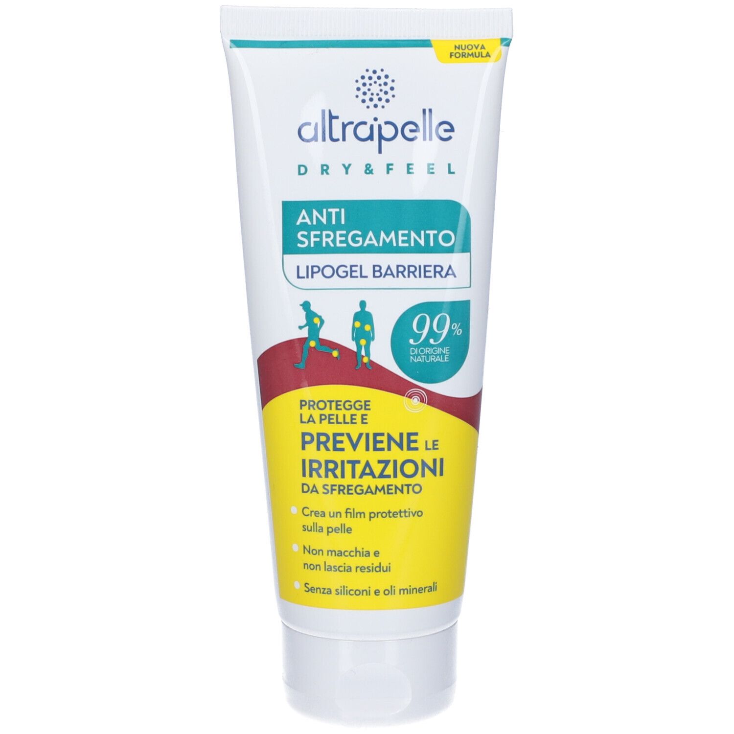 Tubo bianco e blu. Scritta "Altrapelle" e "Anti-Sfreamento Lipogel Barriera". Illustrazioni di persone. 99% ingredienti di origine naturale.