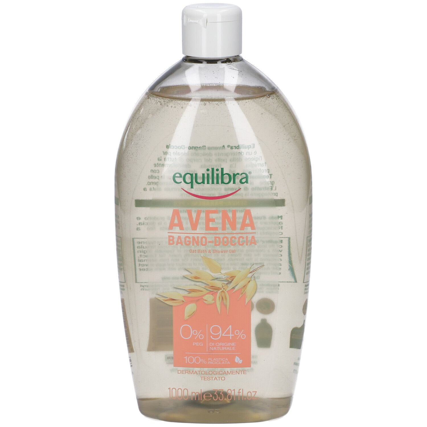 Flacone trasparente con tappo bianco. Etichetta con nome e logo del prodotto. Contiene estratto di avena. 1000 ml.