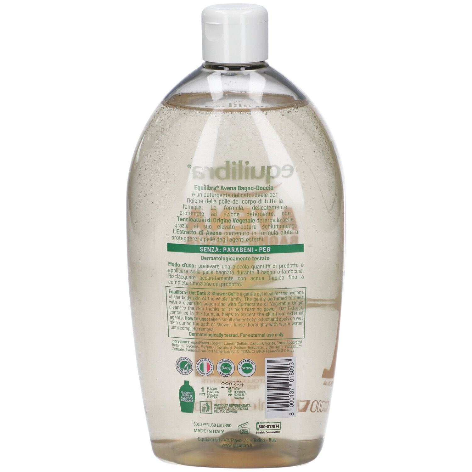 Retro del flacone. Informazioni testuali e loghi. Contiene estratto di avena. 1000 ml.