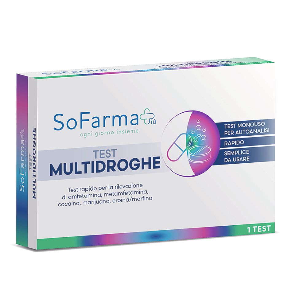 Verpackung von Sofarmapiu' Test Multidroghe. Weiß, mit Text und Grafik. Enthält einen Test. Aufschrift: Test Multidroghe.