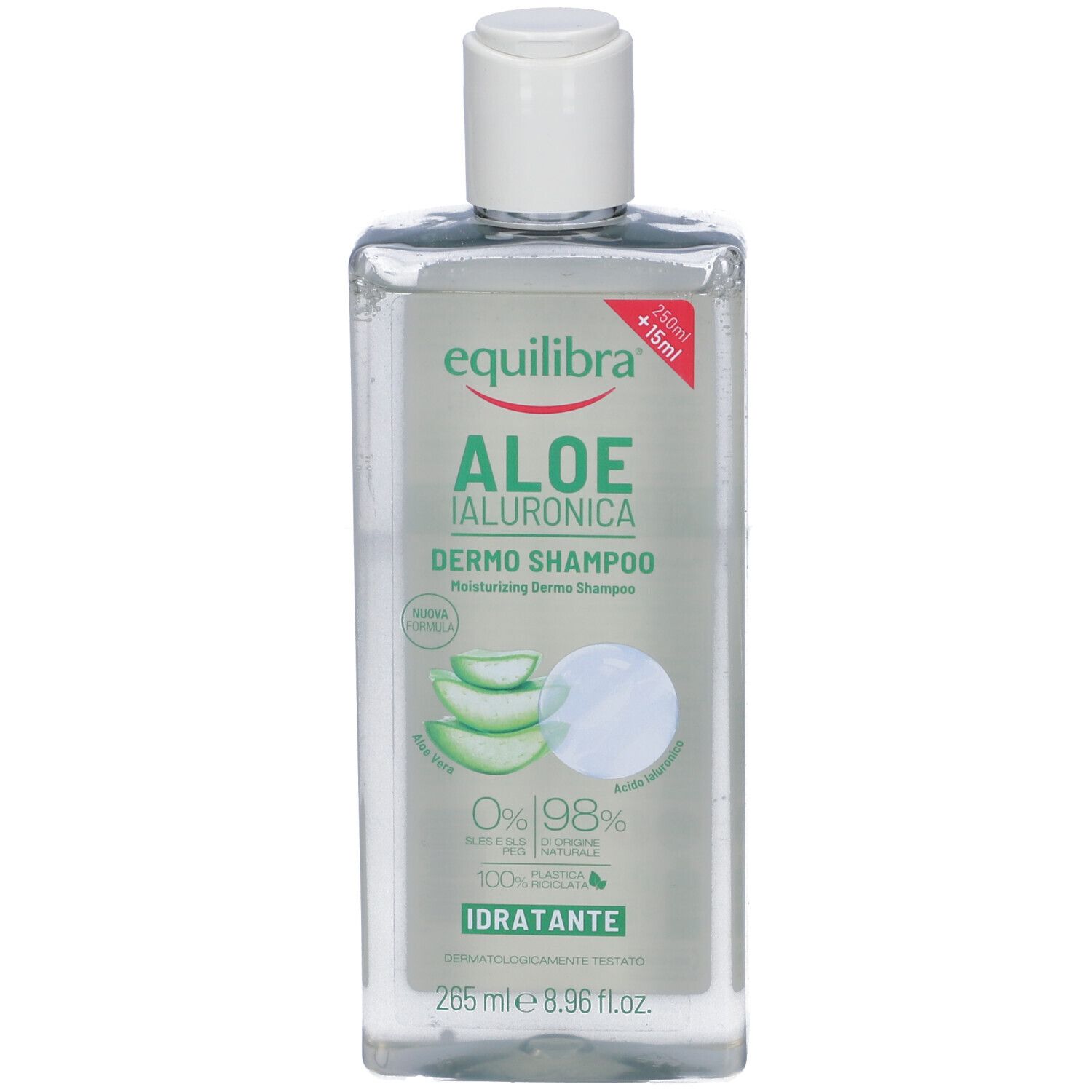 Flacone trasparente con tappo bianco. Etichetta con nome prodotto, foglie di aloe e dettagli verdi.