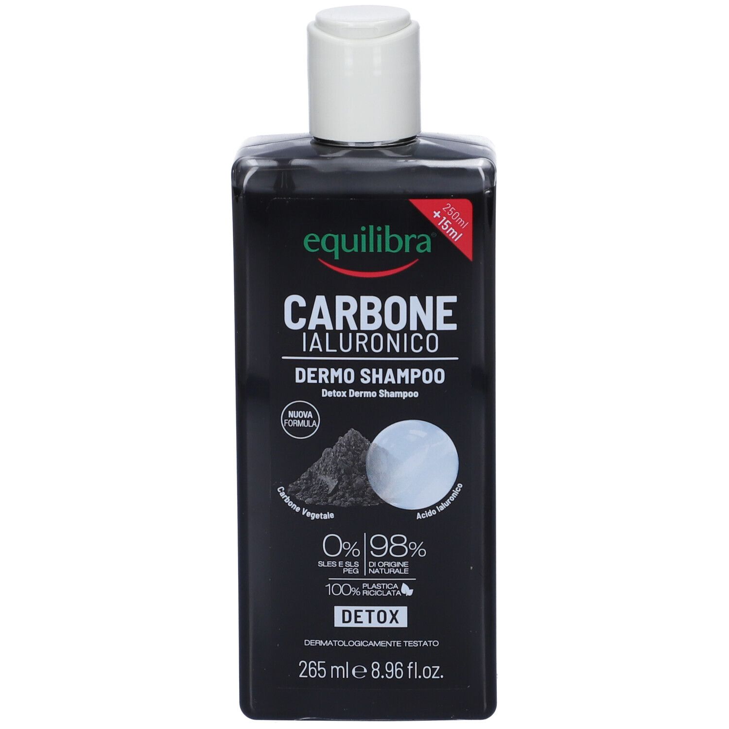 Flacone nero con tappo bianco. Scritta: Equilibra Carbone Ialuronico Dermo Shampoo. Testo nero su sfondo bianco.