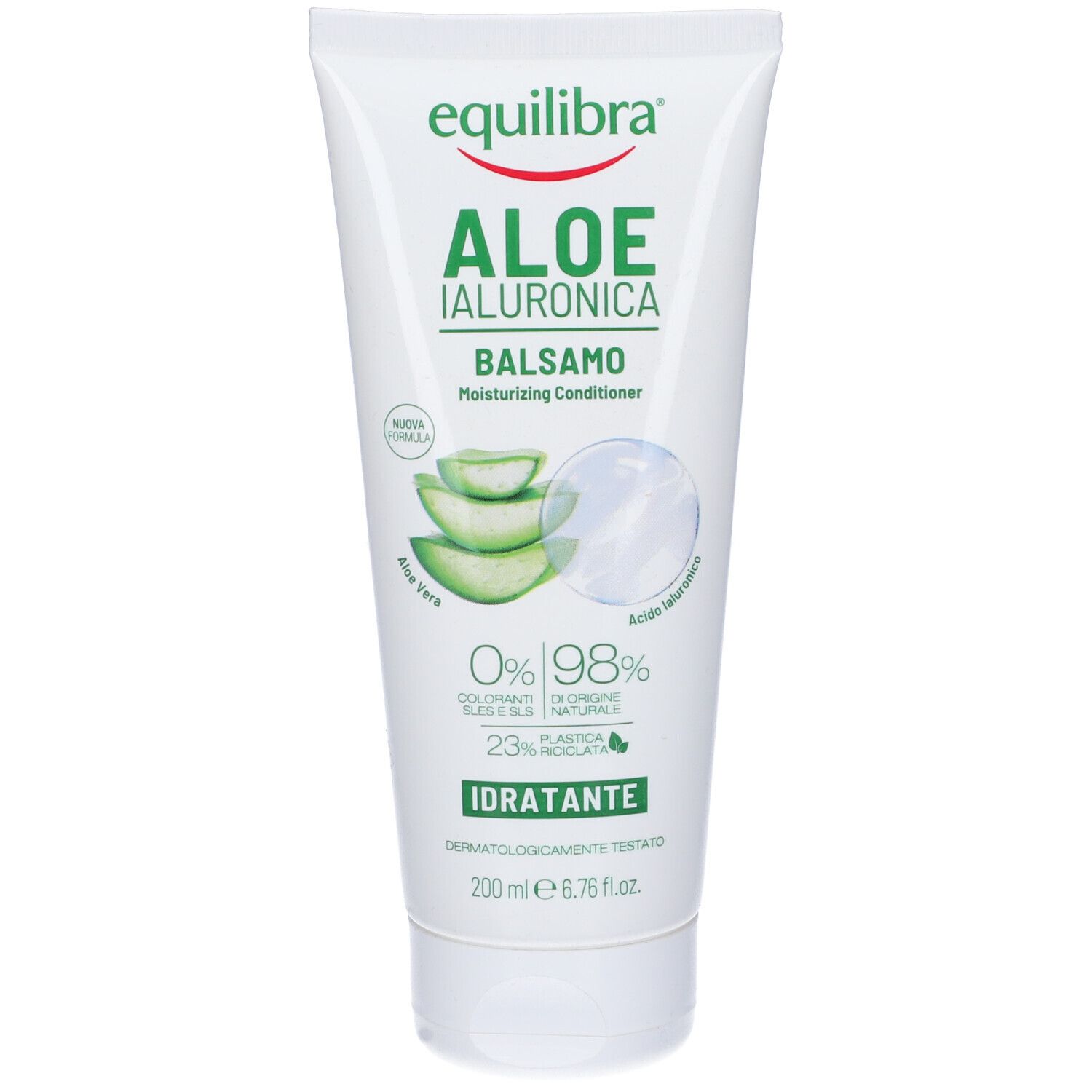 Tubo bianco con stampa verde. Contiene aloe vera e acido ialuronico. Testo: Balsamo Idratante.