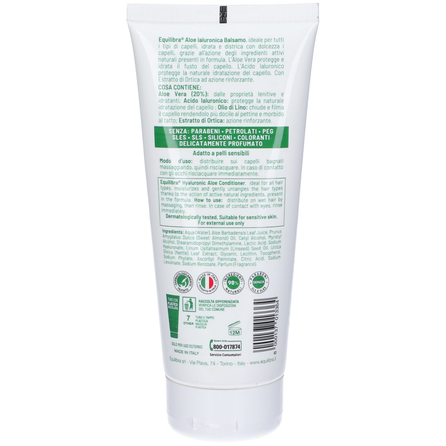 Retro del tubo. Informazioni testuali su ingredienti e utilizzo. Stampa verde con loghi.