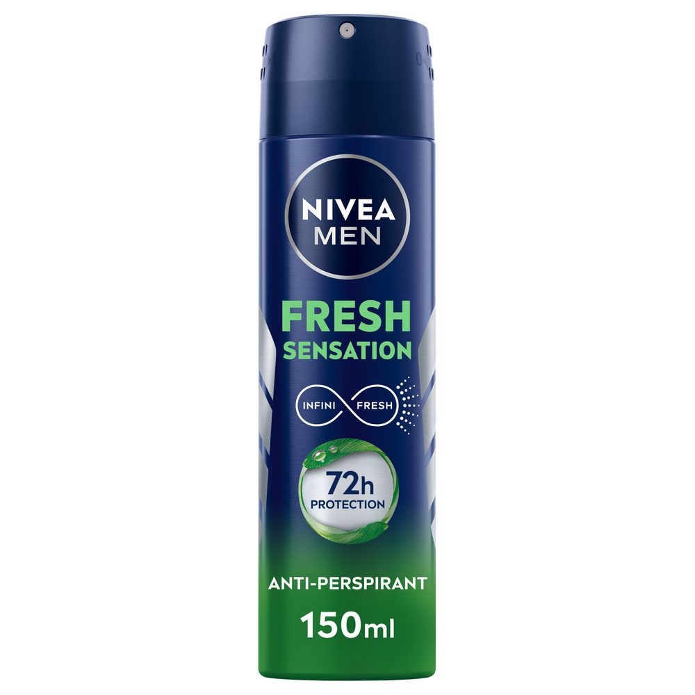 Bomboletta spray deodorante blu-verde. NIVEA MEN, FRESH SENSATION, protezione 72h. Anti-traspirante. 150ml.