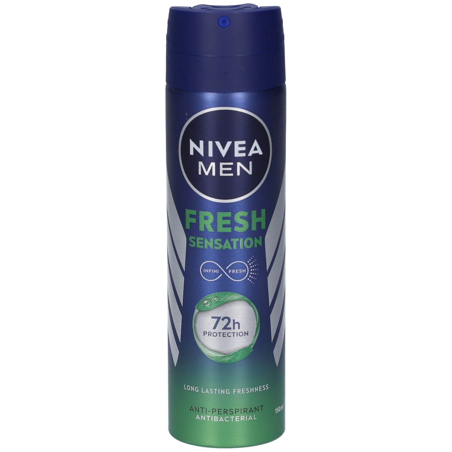 Bomboletta spray deodorante blu-verde. NIVEA MEN, FRESH SENSATION, protezione 72h. Anti-traspirante, antibatterico.